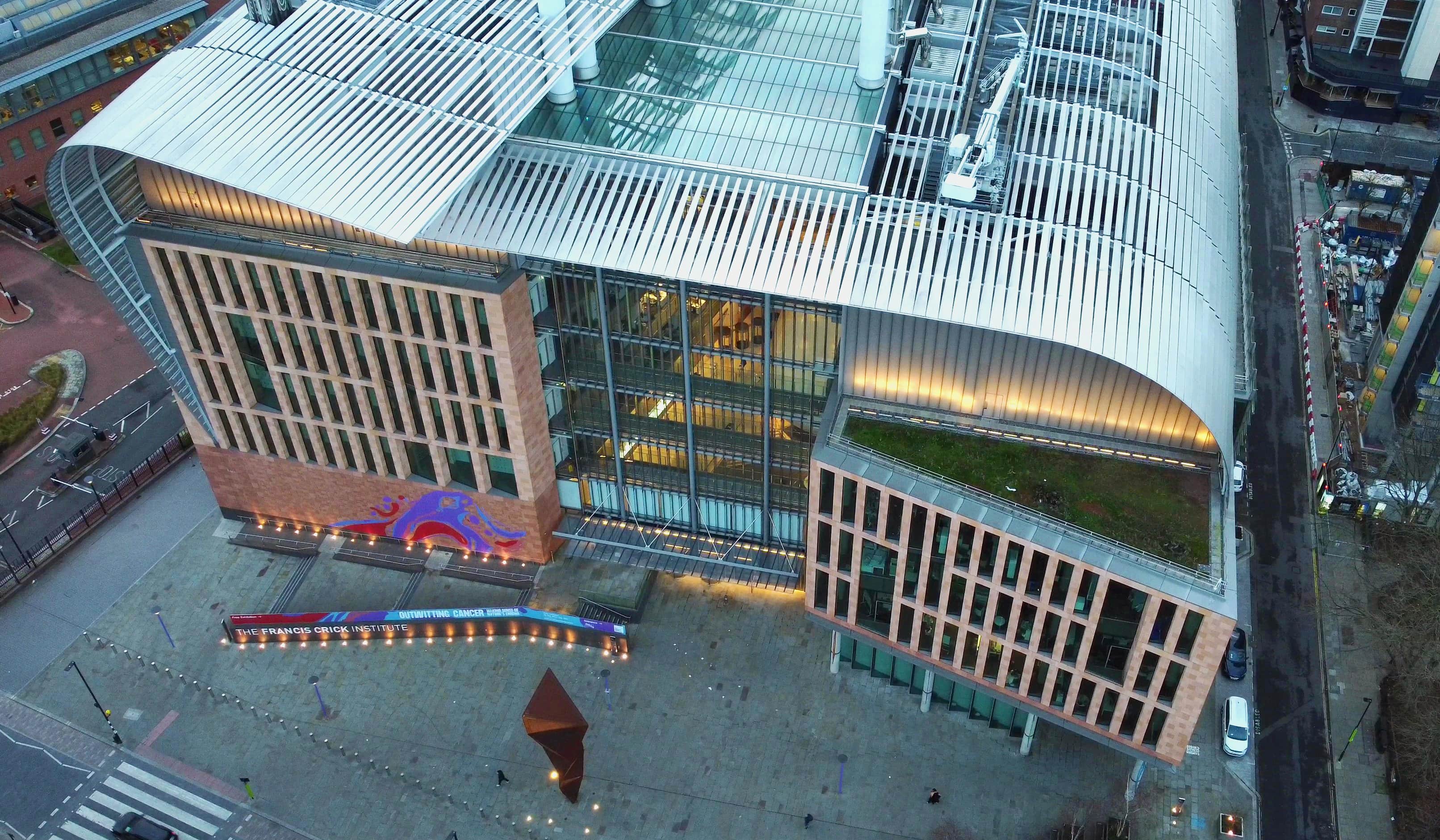 An aerial photo of the The Francis Crick Institute's building.