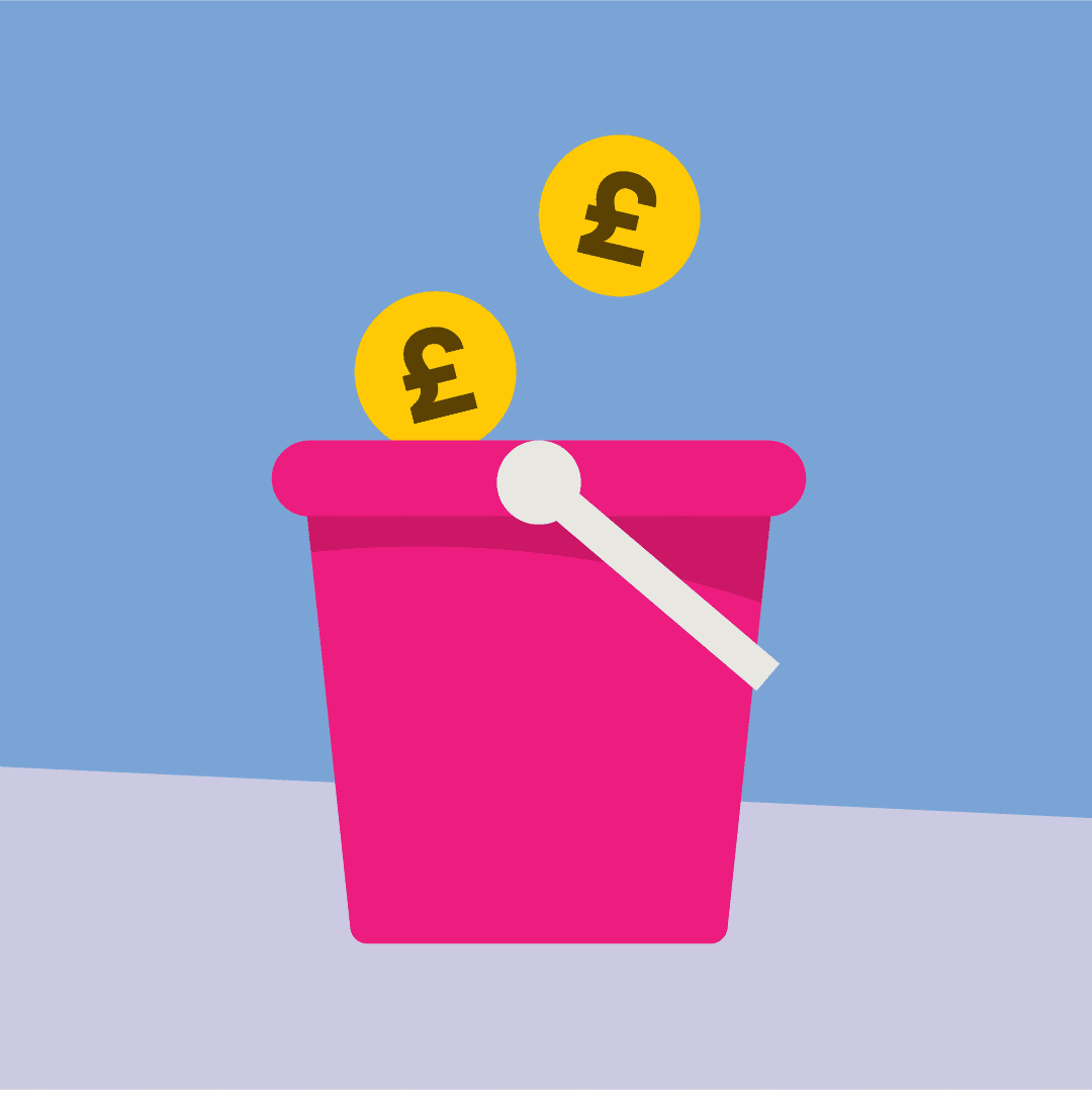 An illustration of a charity collection bucket with coins falling into it.