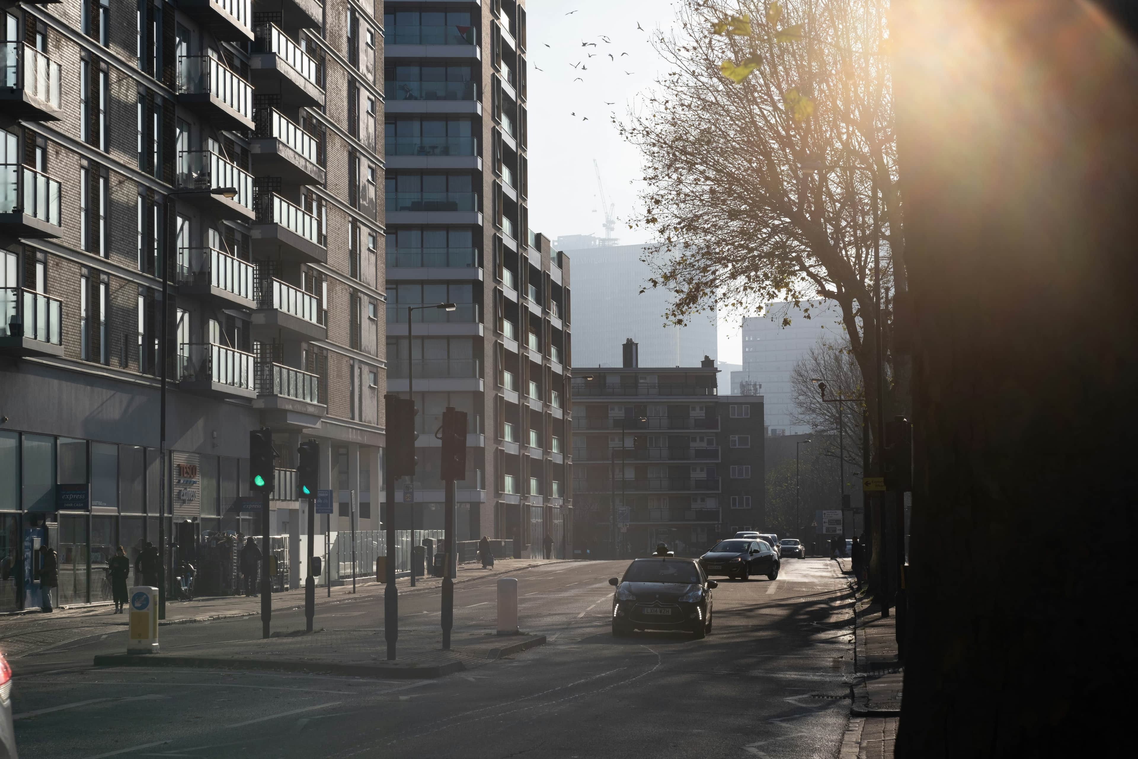 Air pollution in a city.