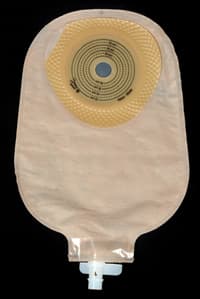 Photograph of a one piece urostomy bag.