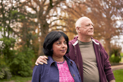 Photograph showing couple walking side by side.