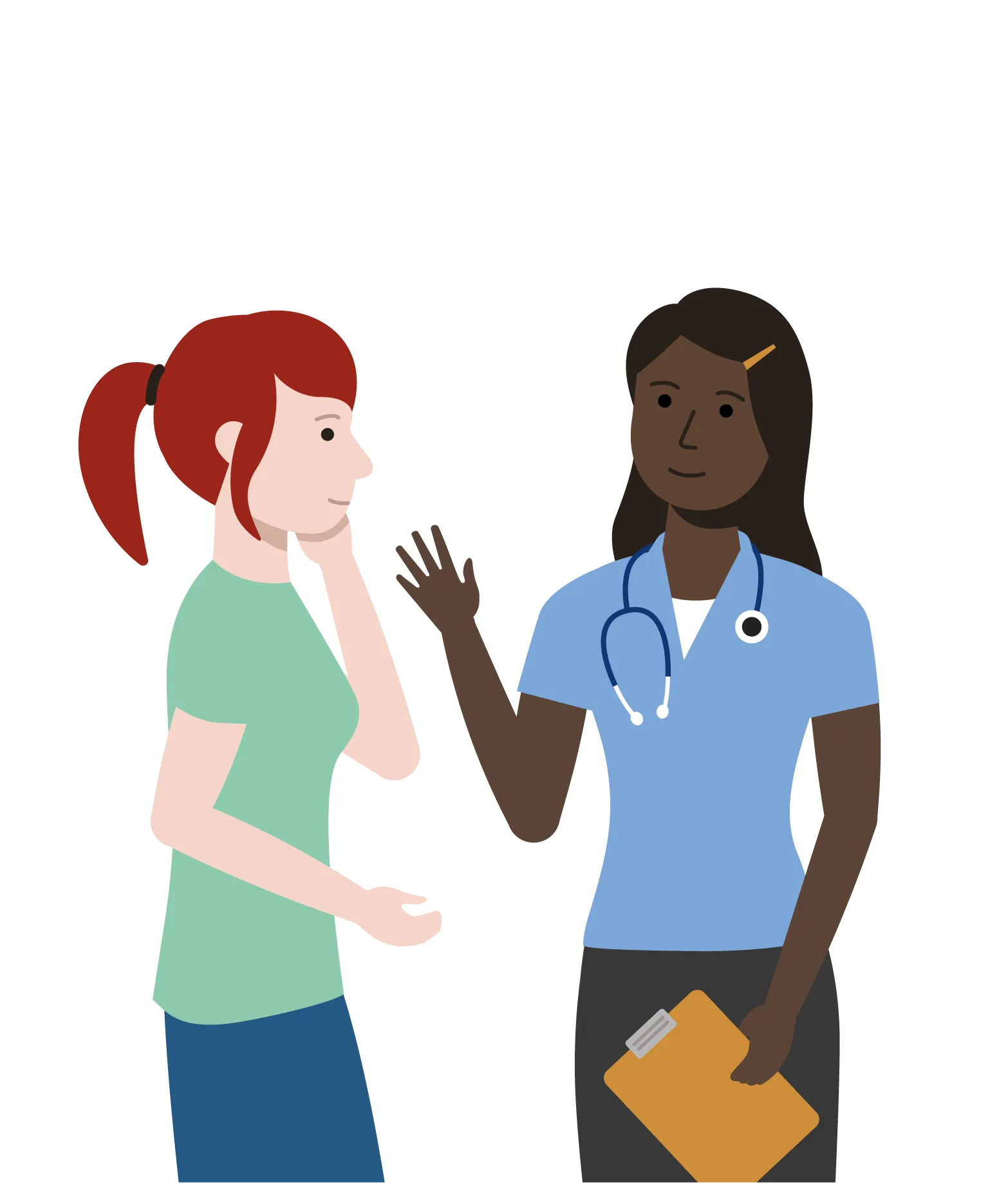 Illustration of two nurses talking to each other.