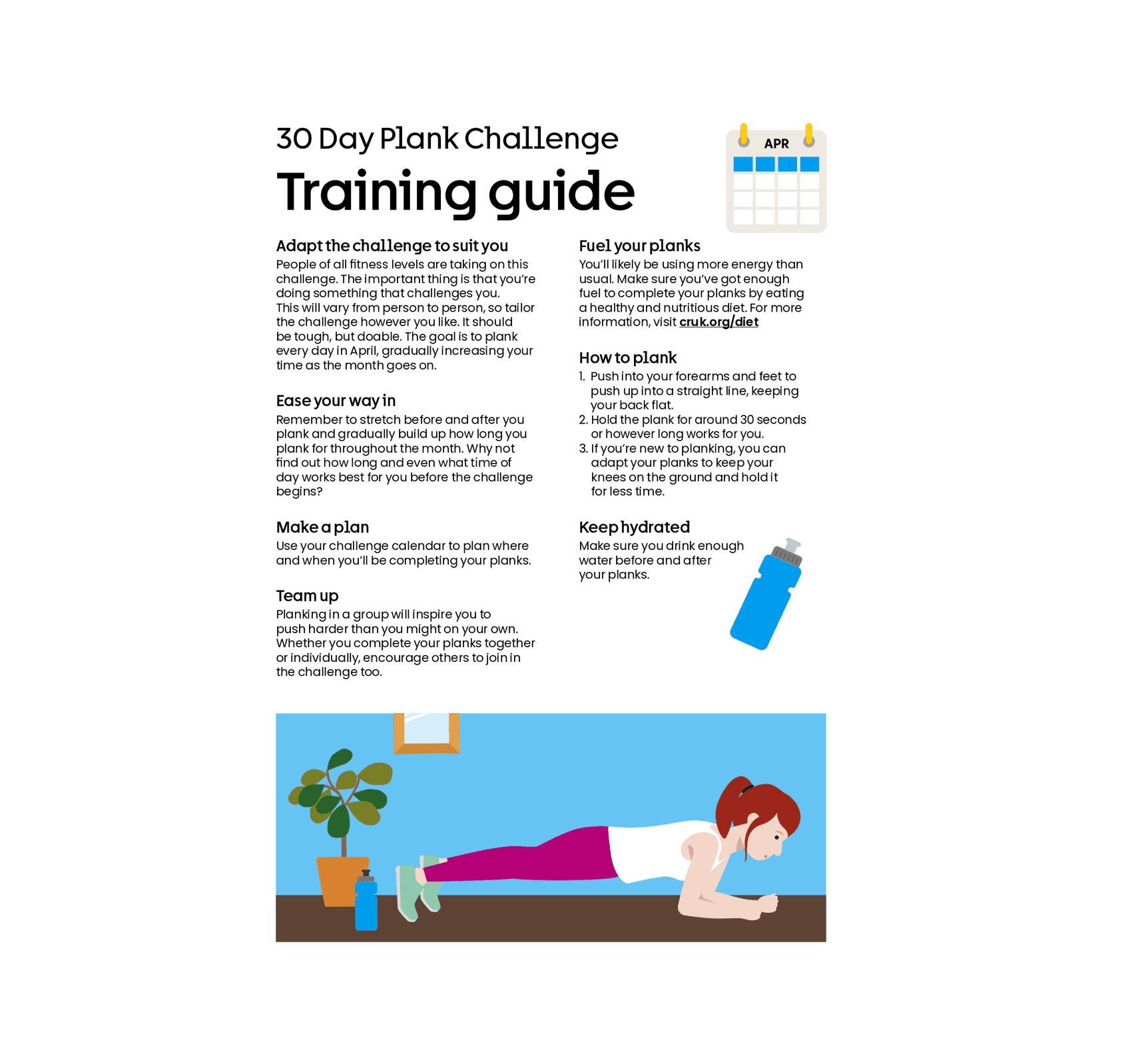 Training guide with illustrations of a women planking on it and water bottle and calendar illustrations.