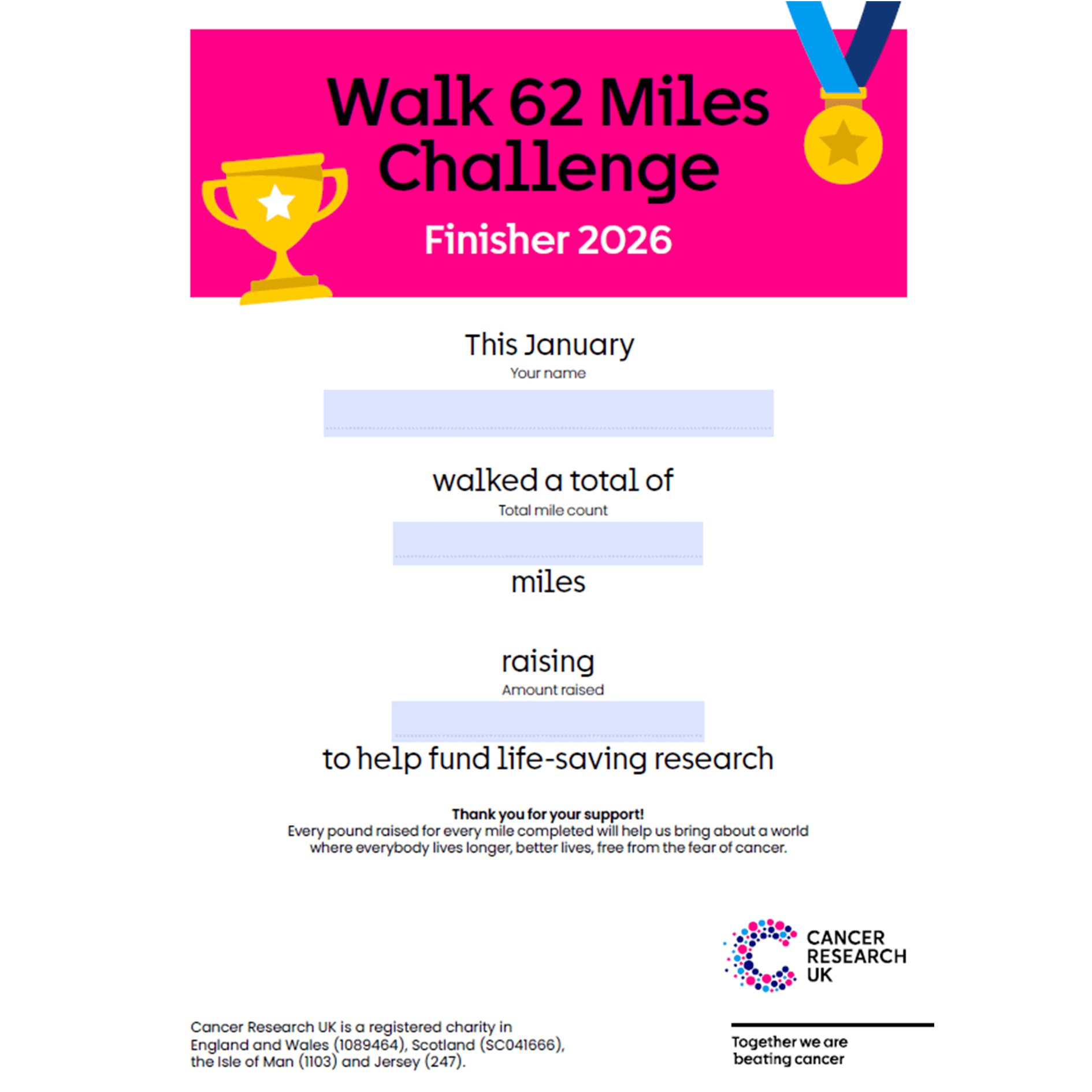 Certificate titled “Walk 62 Miles Challenge Finisher 2026” with spaces for name, miles walked, and amount raised.
