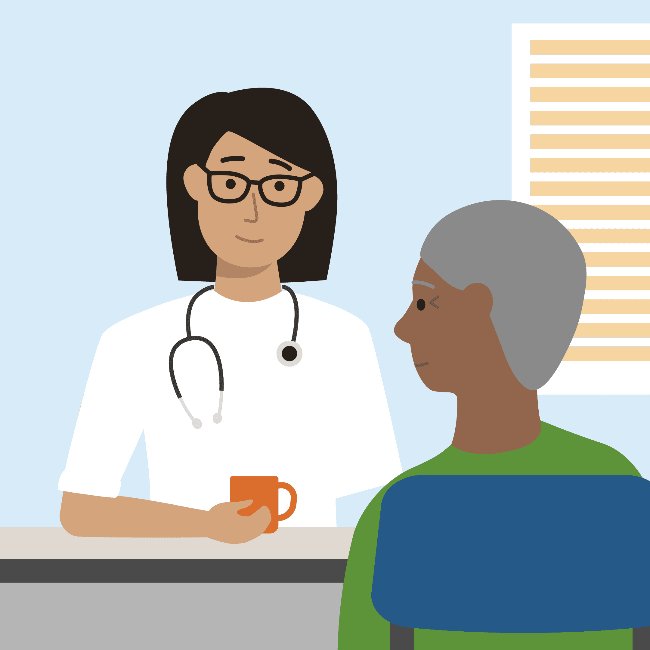 Illustration of a doctor and a patient in a doctor's office talking.