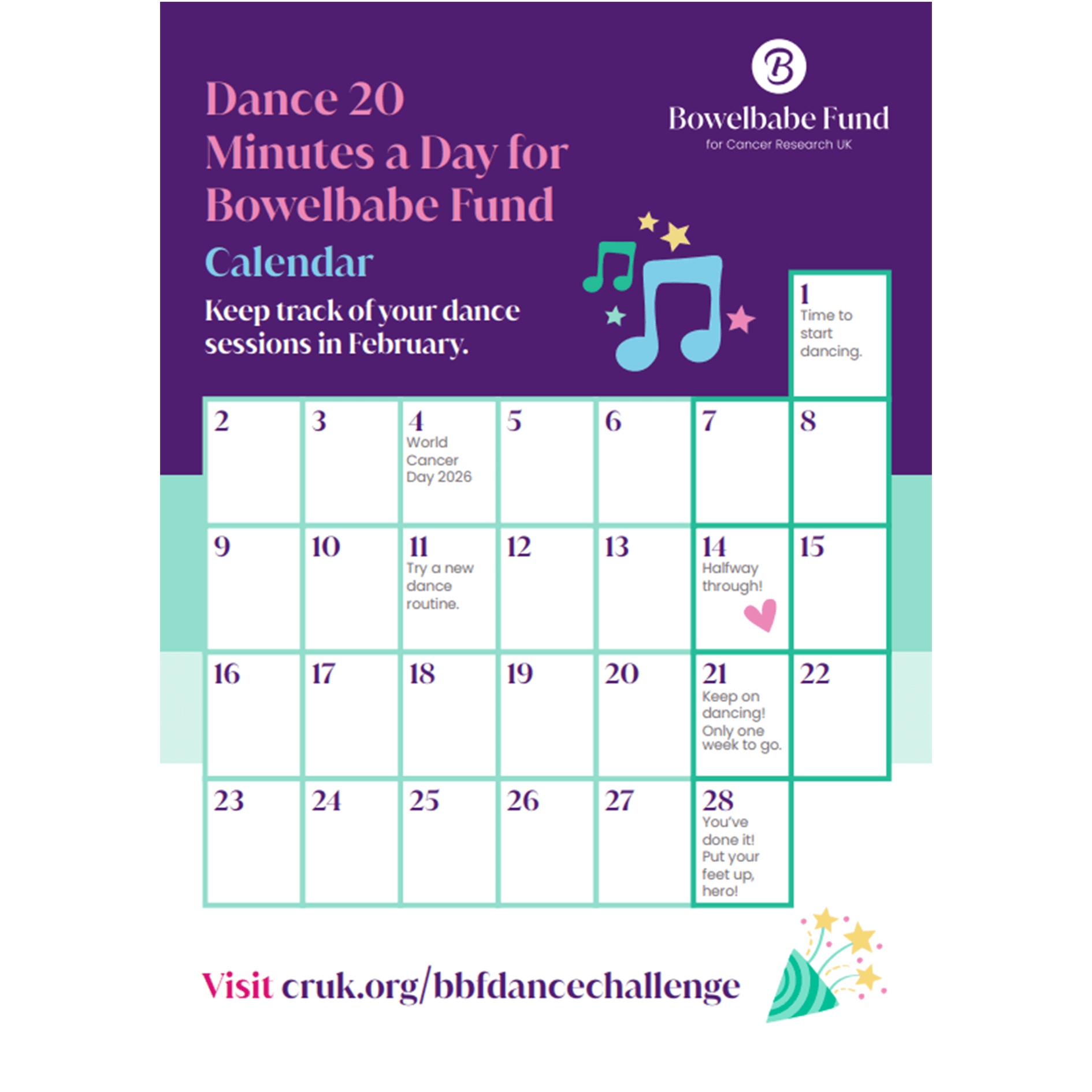 Calendar for Dance 20 Minutes a Day for Bowelbabe Fund challenge showing reminders like start dancing, halfway, and finish.