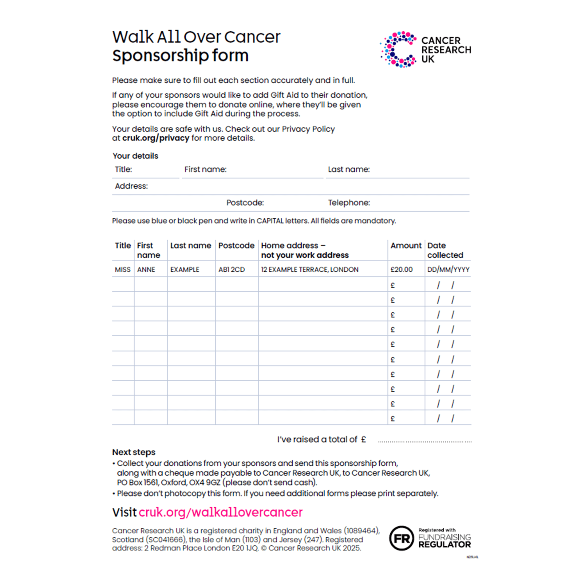 Sponsorship form with fields for sponsor names, addresses, amounts and payment ticks.