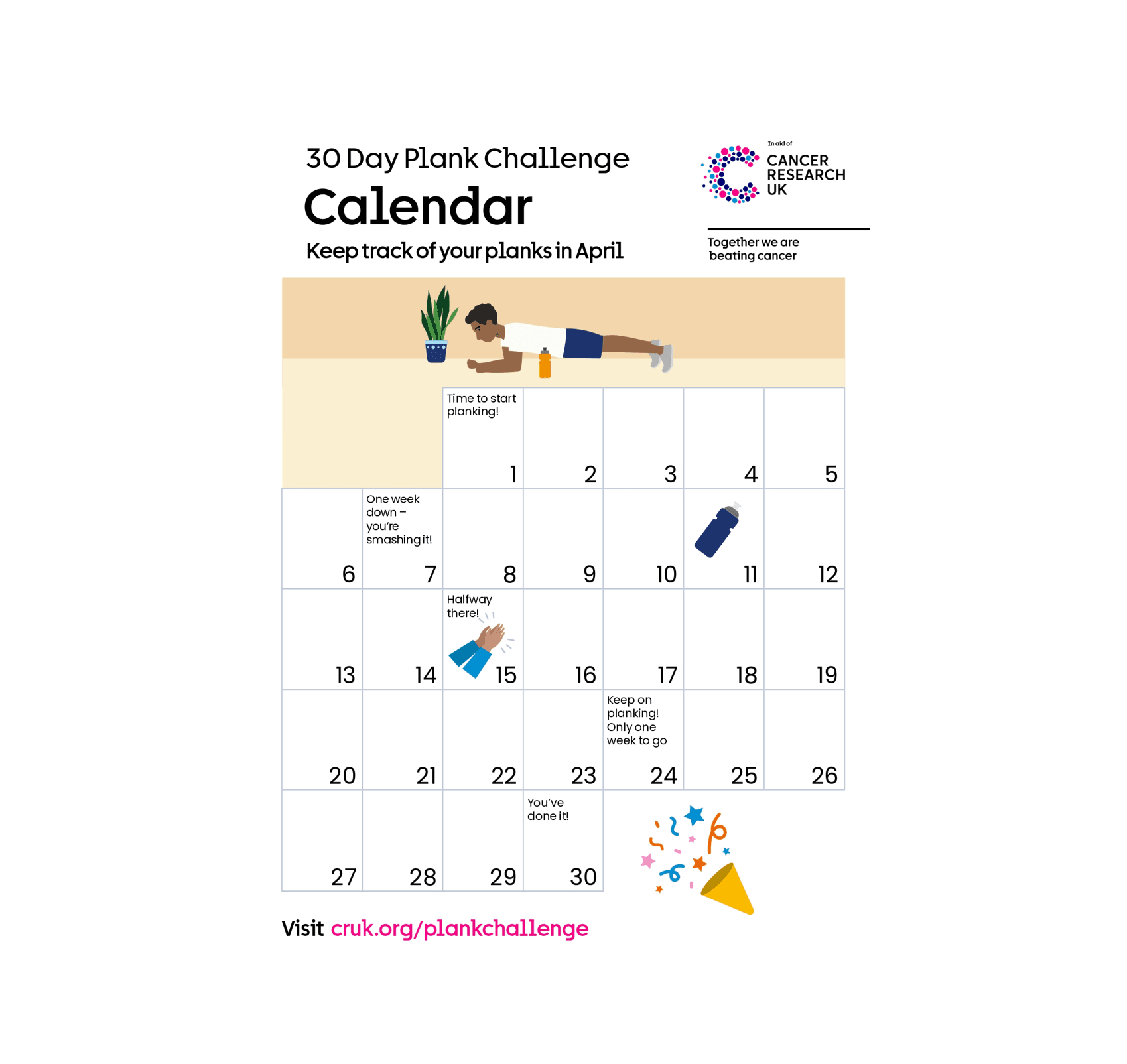 Picture of the challenge calendar with illustrations of a man planking, water bottle, confetti and hands clapping.
