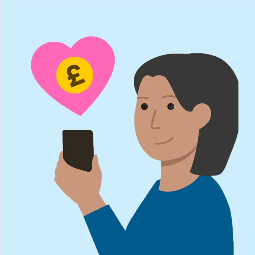 Illustration of a woman holding a smart phone with a heart above her hand.