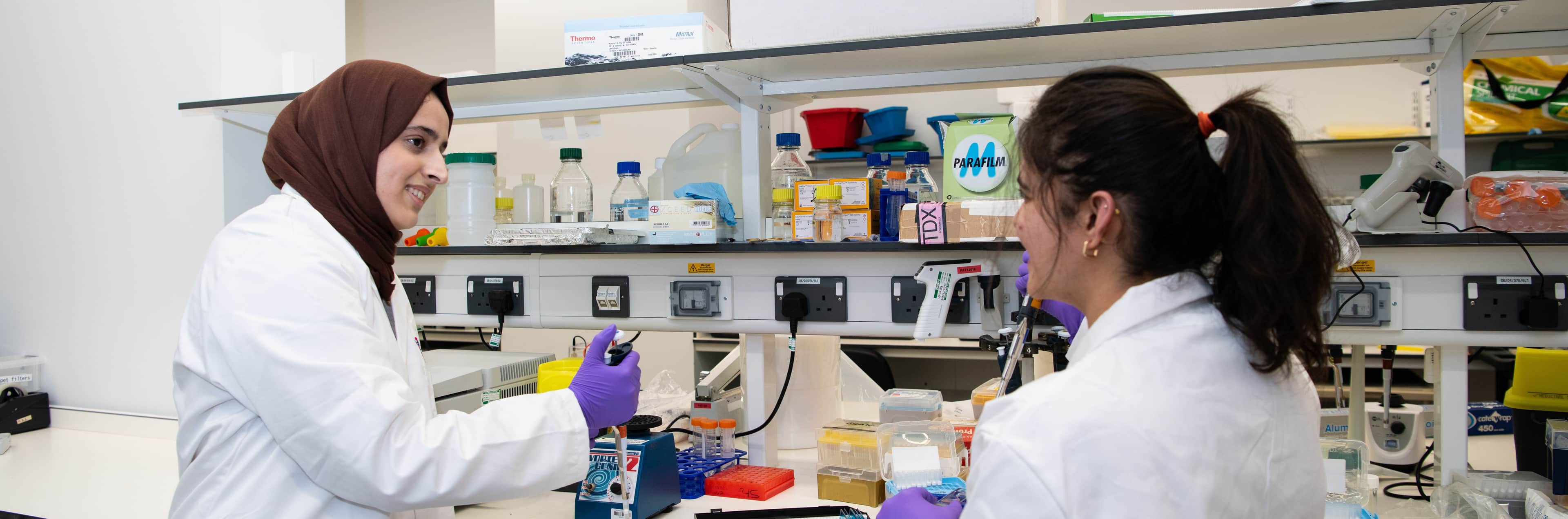 Two researchers are smiling whilst working in the lab together.