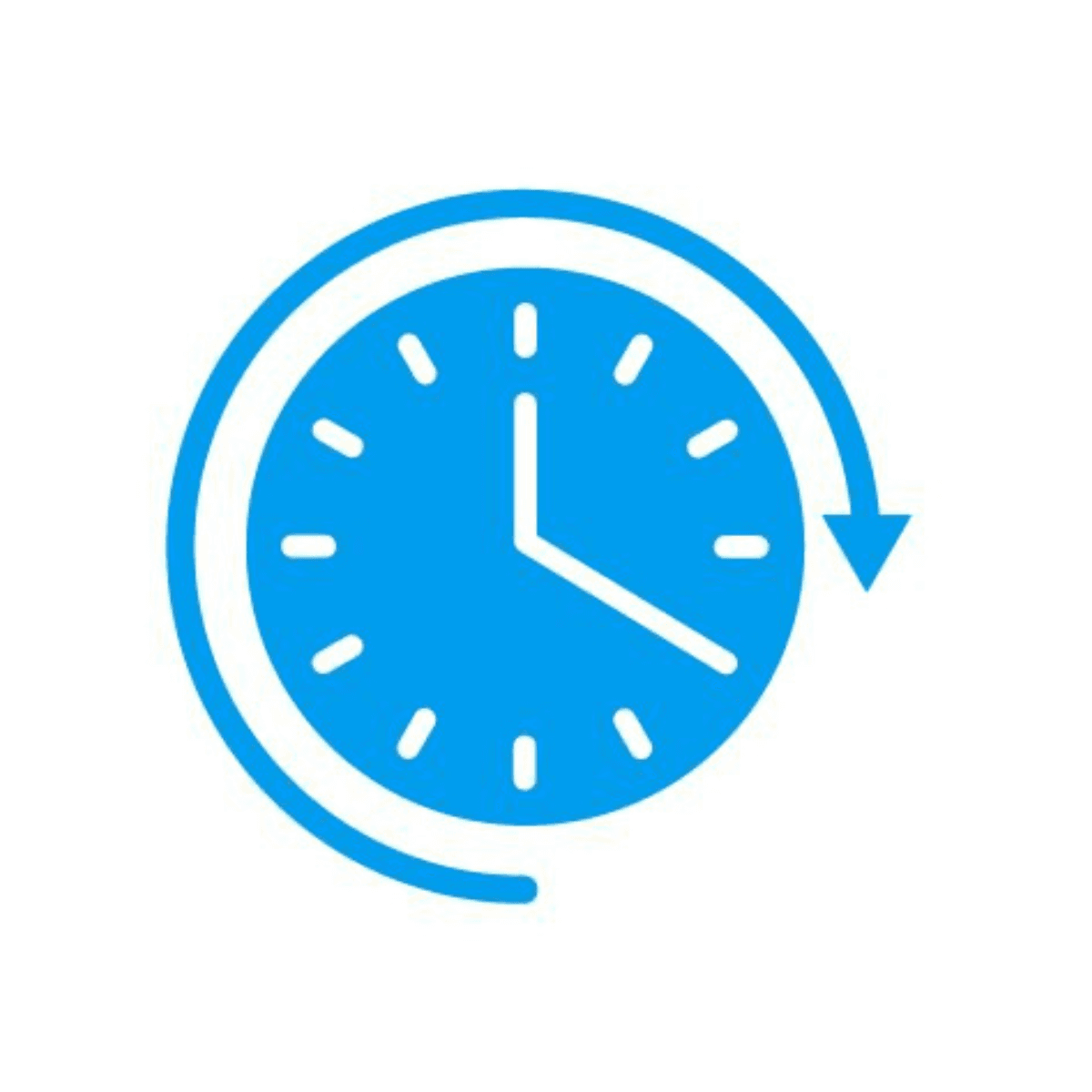Blue image of a clock with an arrow around it.