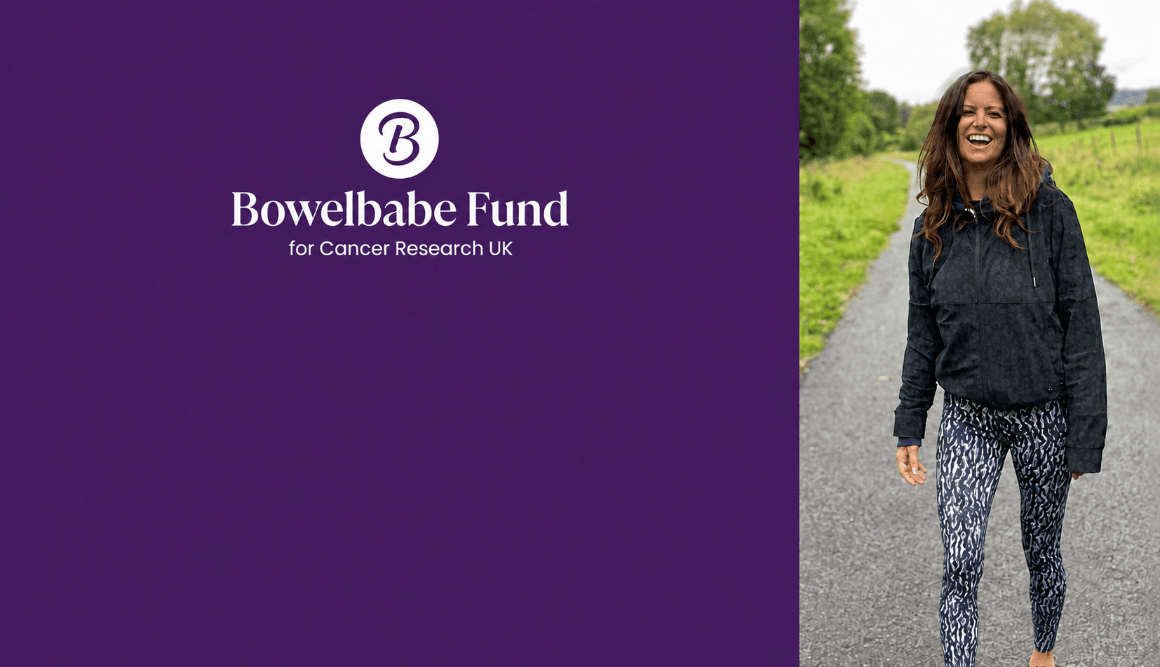 Image of Dame Deborah James in workout clothing next to bowelbabe fund logo.