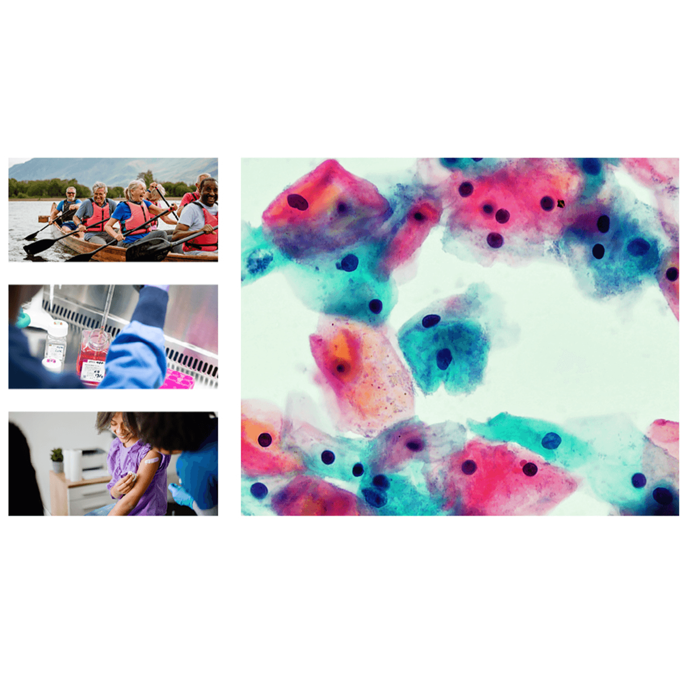 Prevention conference collage including - a cell, people in a canoe, researcher in a lab and a child and parent smiling.