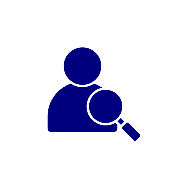 Icon showing a person being examined by a magnifying glass.