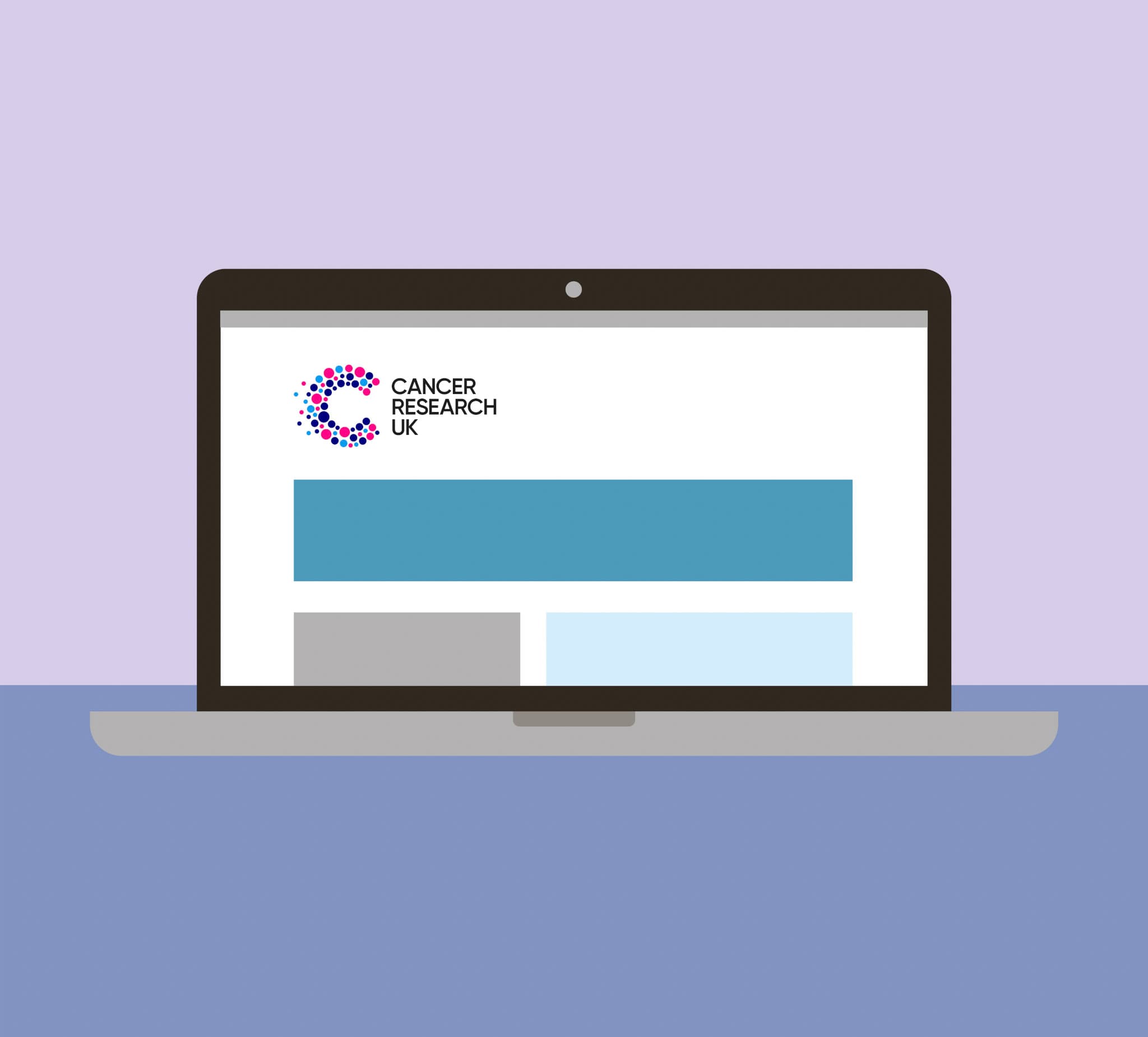 Illustration of a laptop showing a Cancer Research UK webpage.