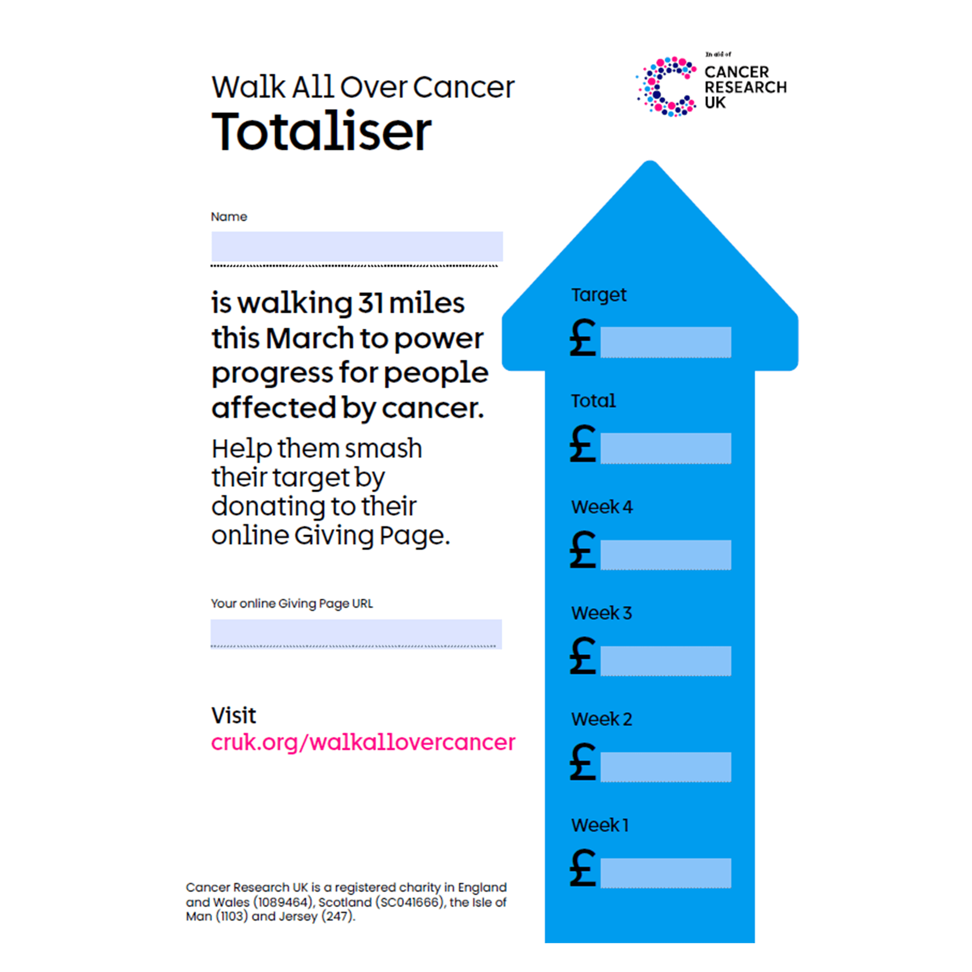 Totaliser page showing space to add a name, track weekly fundraising progress, and link to an online Giving Page.