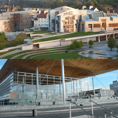 A split frame image with Holyrood, Scotland on the left and the Senedd, Wales on the right.