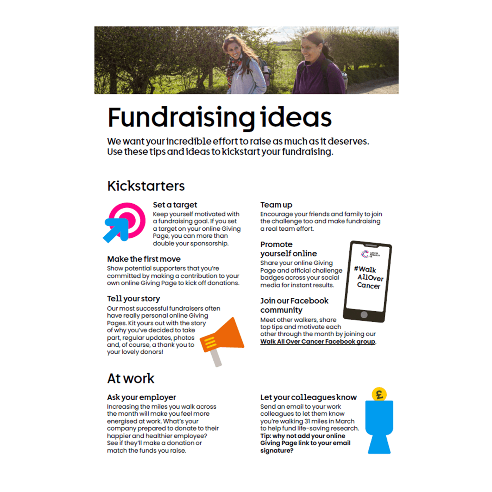 Fundraising ideas page with ideas to set goals, share your story, involve others, and a photo of two people walking outdoors.