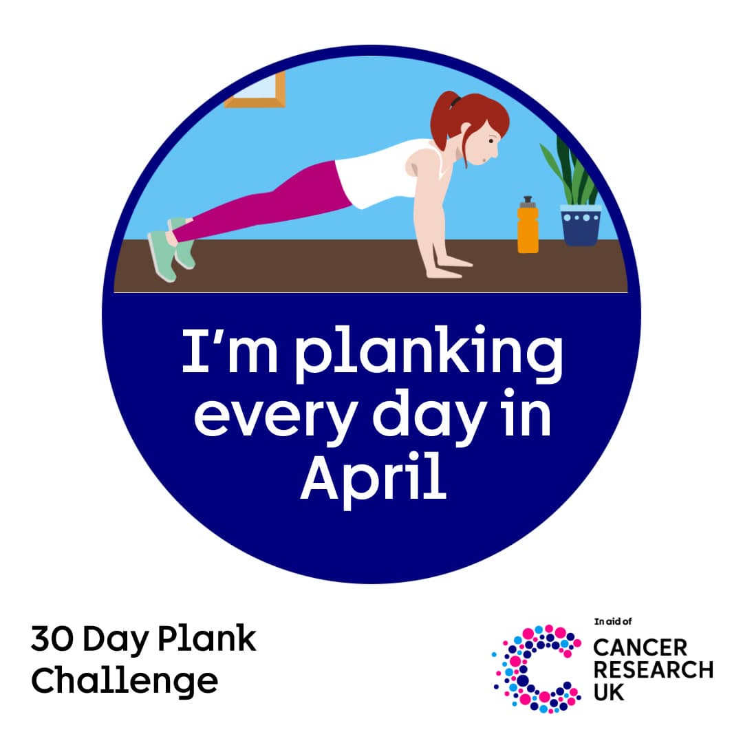 Badge which has an illustration of a women doing a plank with the text ‘I’m planking every day in April’.