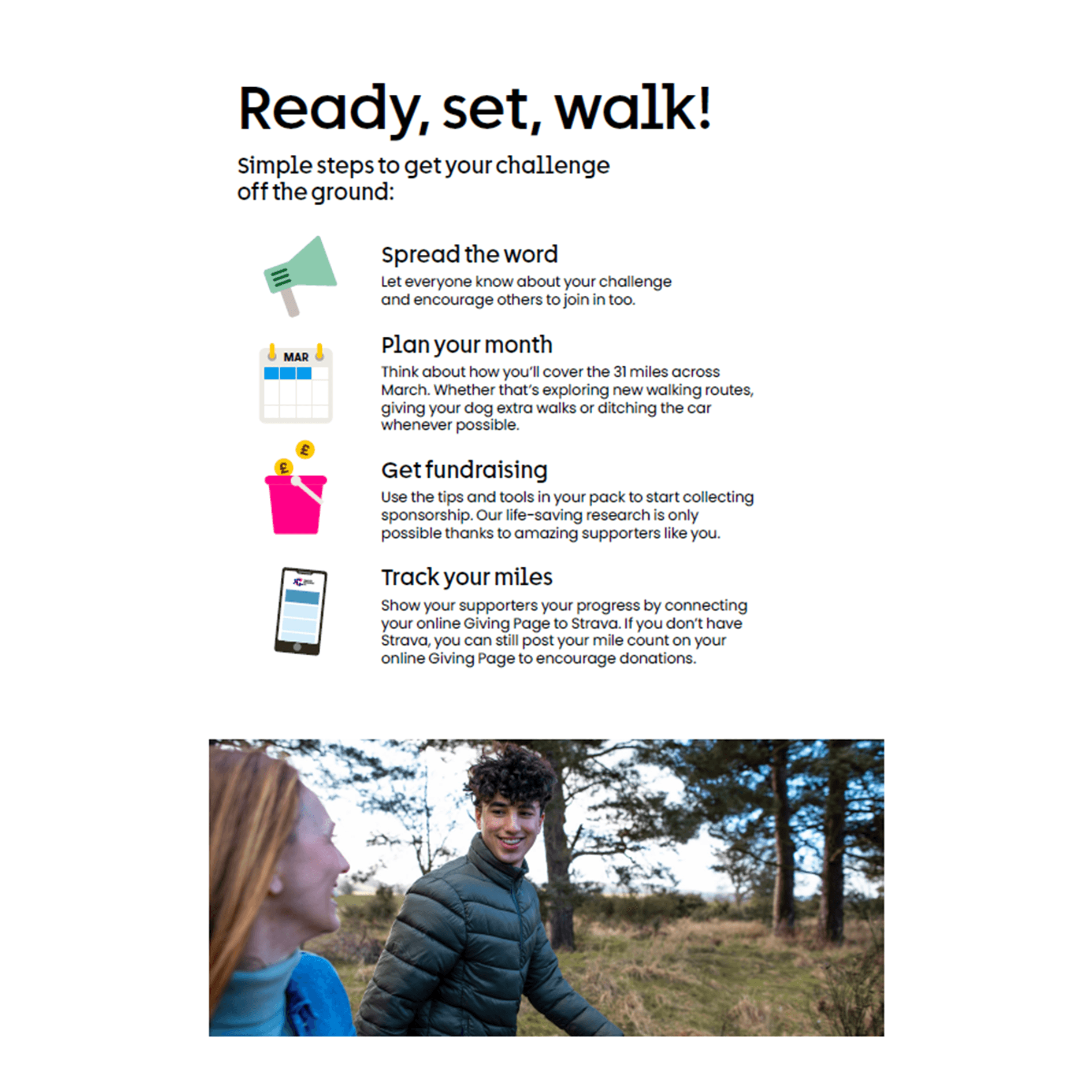 Guide with tips for Walk All Over Cancer and a photo of two people walking in a wooded area.