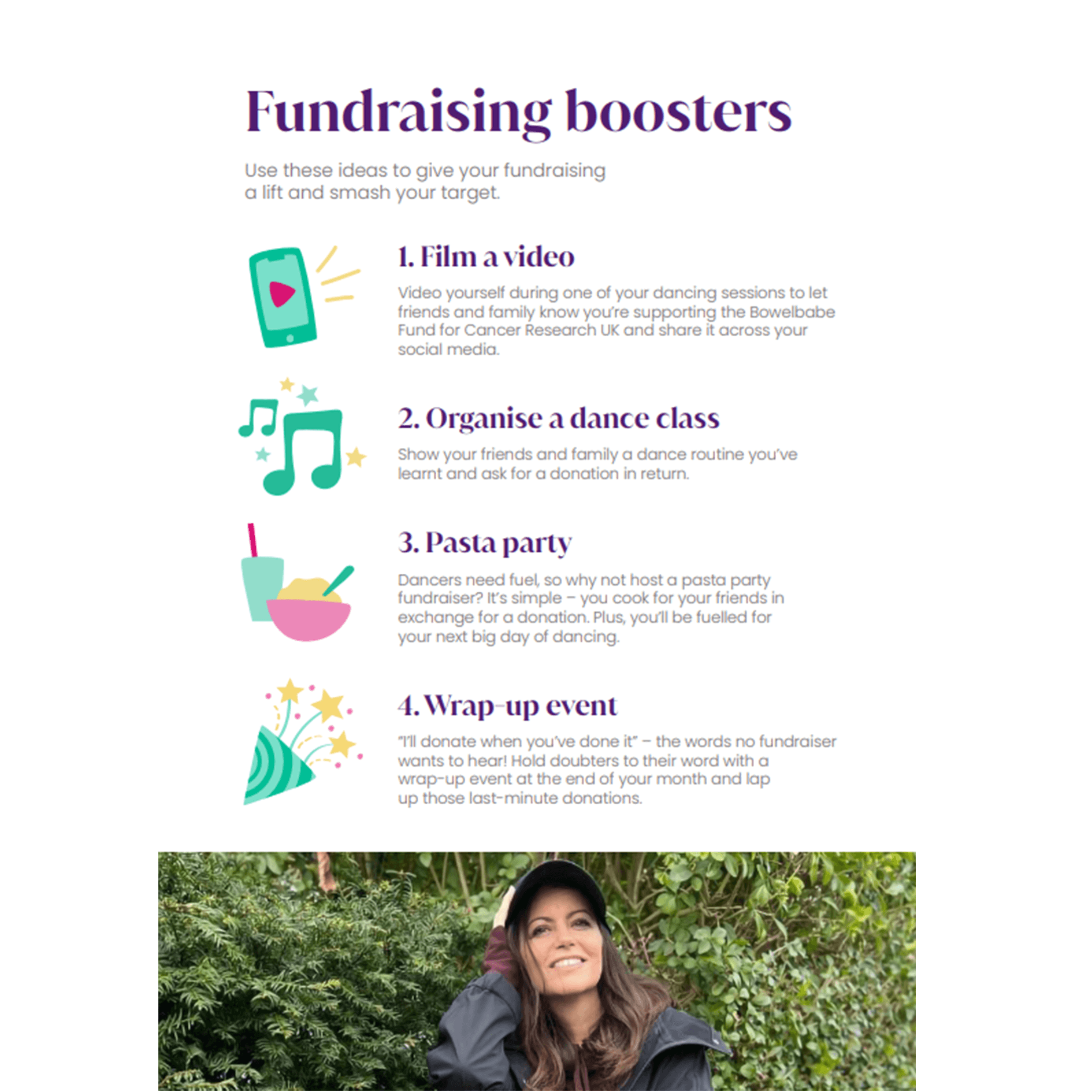 ‘Fundraising boosters’ page with four ideas: film a video, organise a dance class, host a pasta party, and wrap-up event.