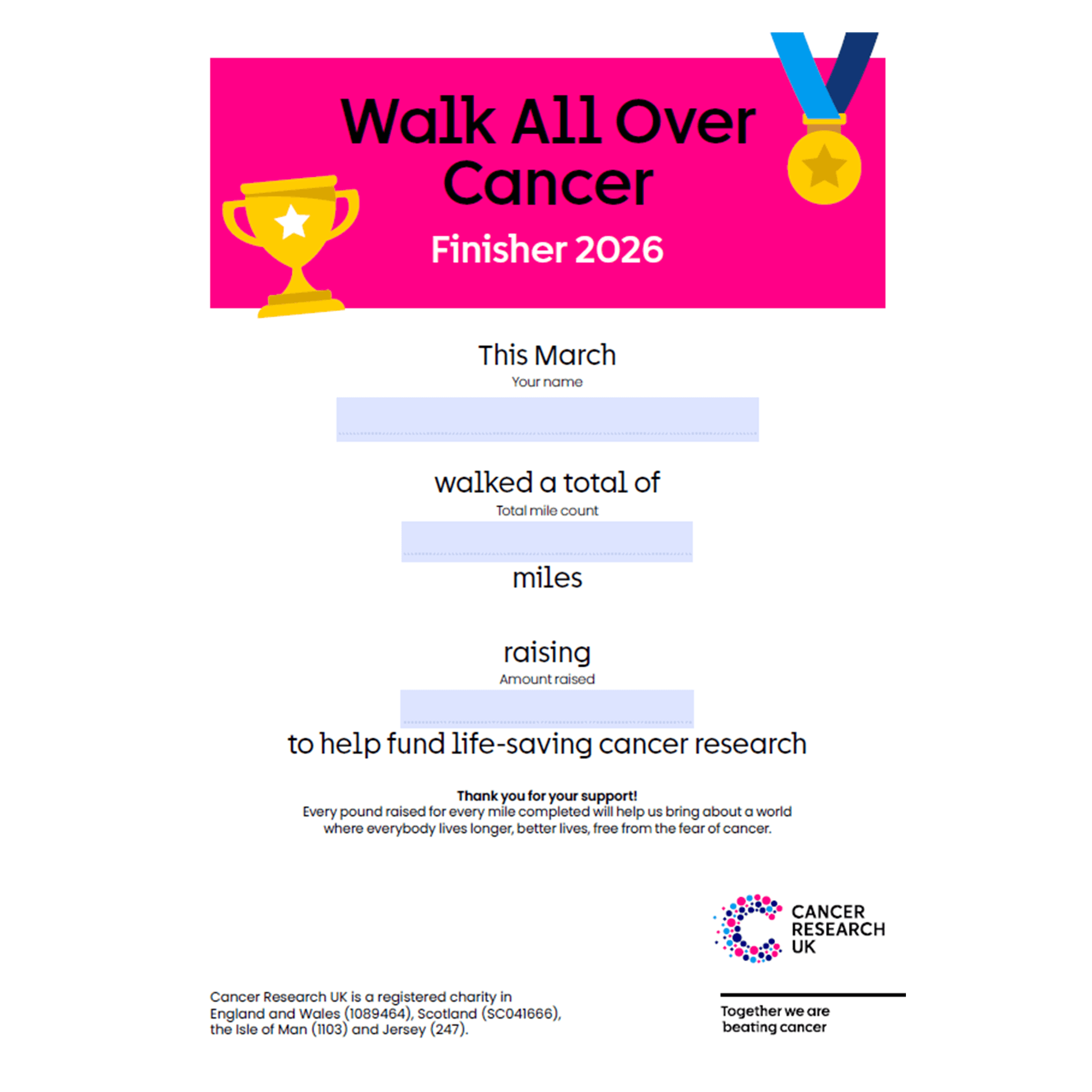 Finisher certificate with fields for name, miles walked and amount raised, celebrating completing Walk All Over Cancer 2026.
