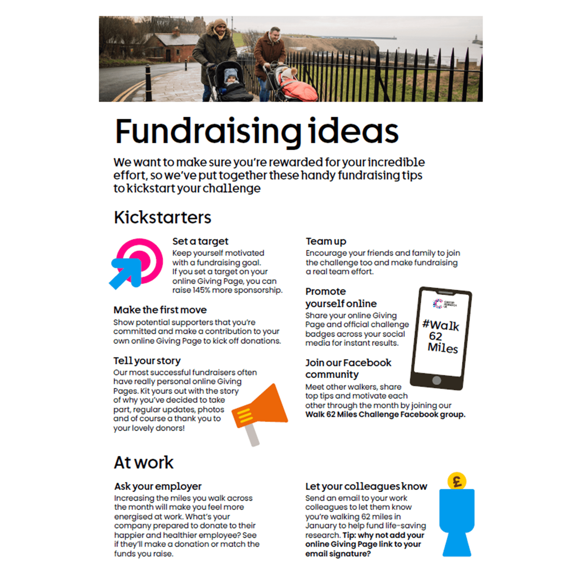Two people walk along a paved path by railings with a stroller. Text shares fundraising ideas and tips for the challenge.
