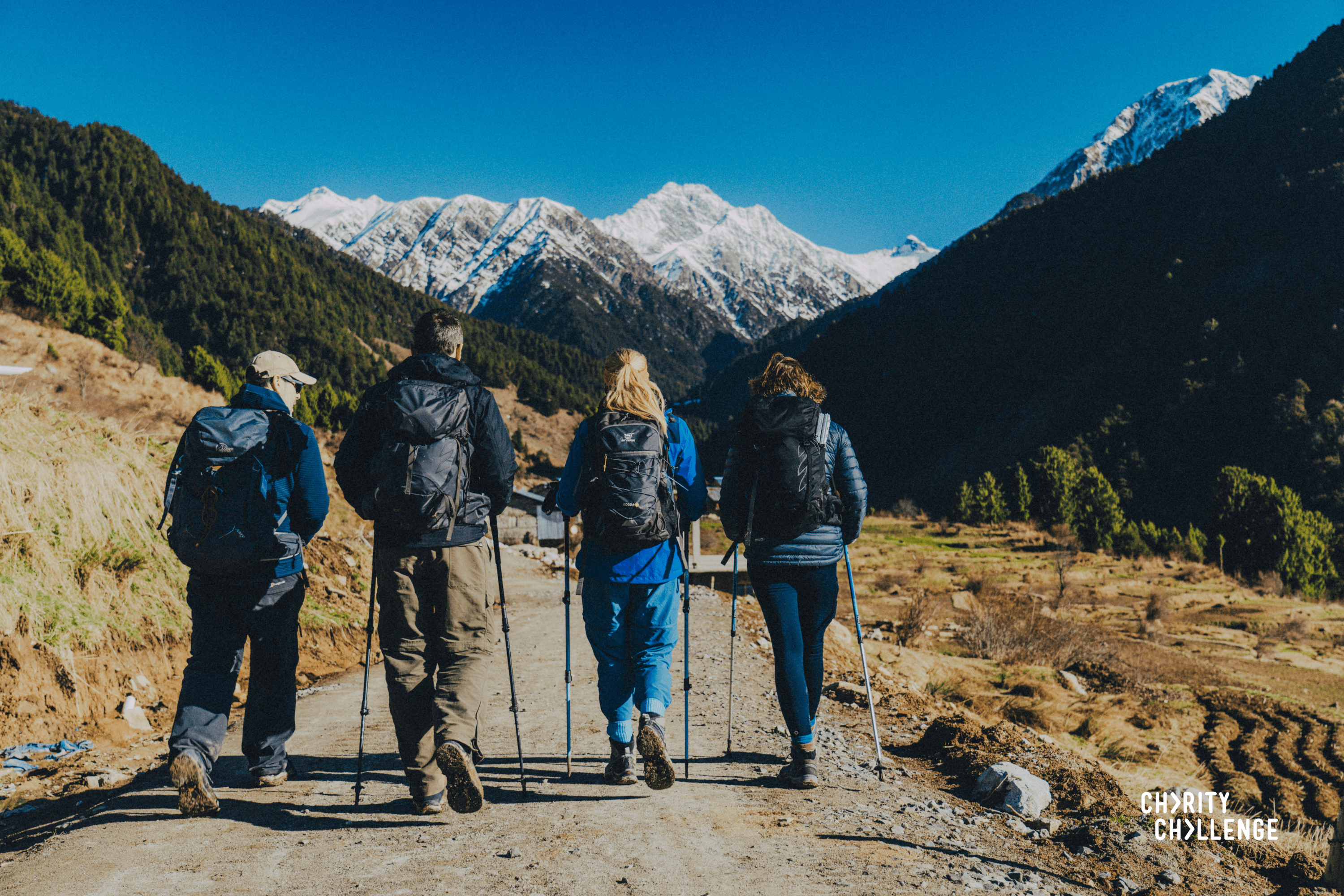 People enjoying a trek in the mountains.