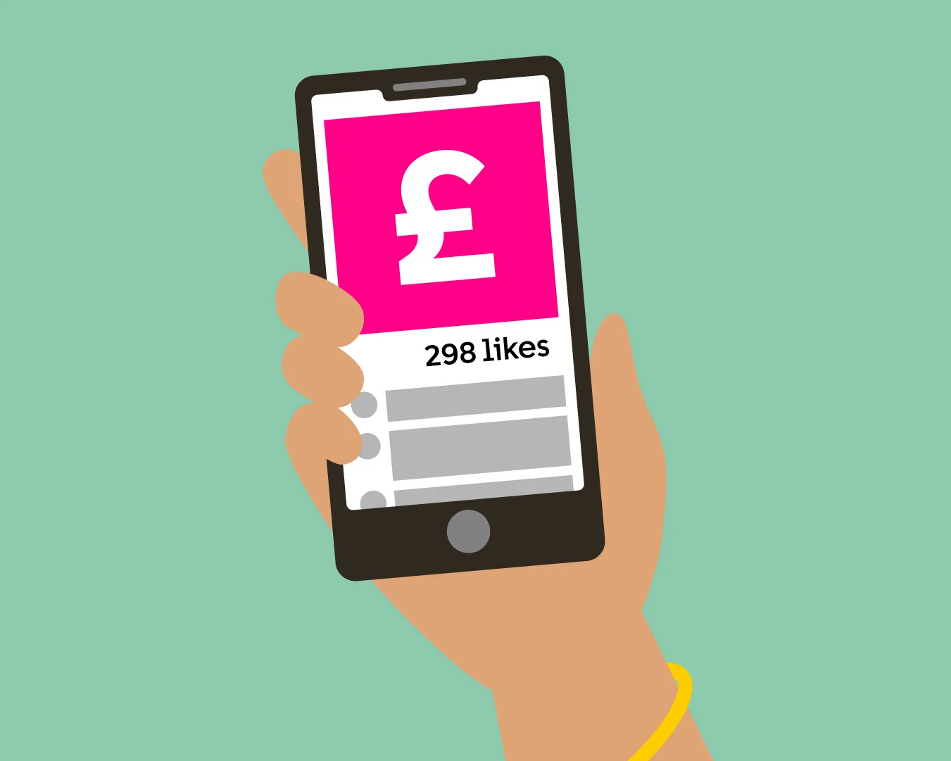 Illustration of a hand holding a phone showing a fundraising page.