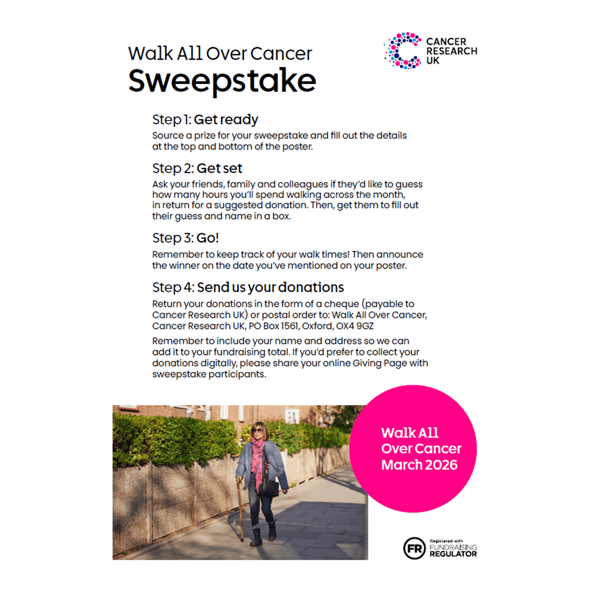 Sweepstake guide with steps to set up, collect guesses, track entries and send in donations, plus an outdoor walking photo.