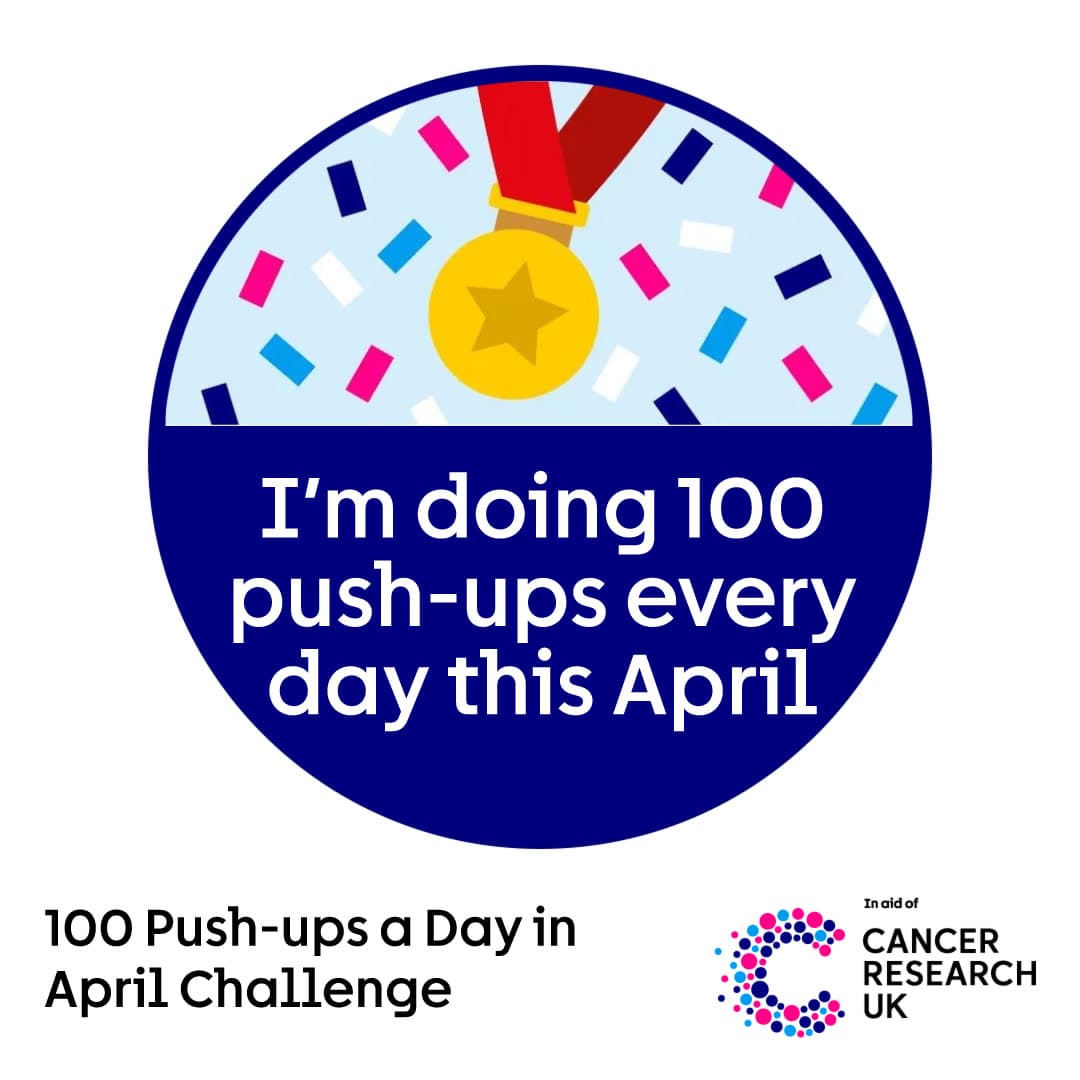 Challenge badge for 100 push ups a day in April saying 'i'm doing 100 push ups a day this april'.