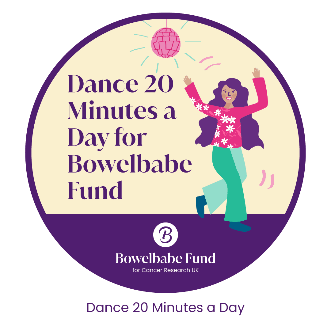 Challenge badge with an illustration of a girl dancing on it and text that reads "Dance 20 Minutes a Day for Bowelbabe Fund".