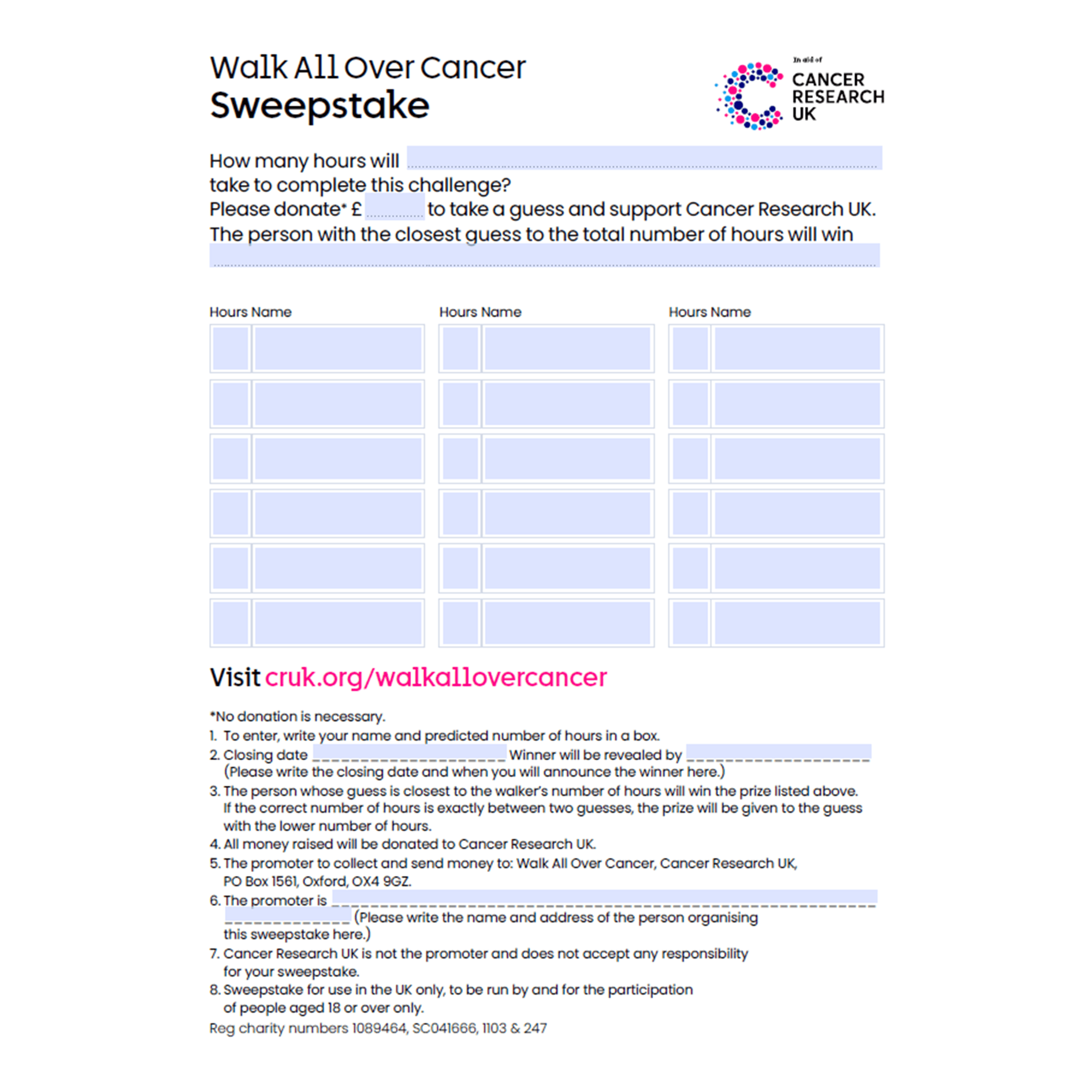 Sweepstake sheet with spaces for guesses, names and donations, plus rules and a link for more details.