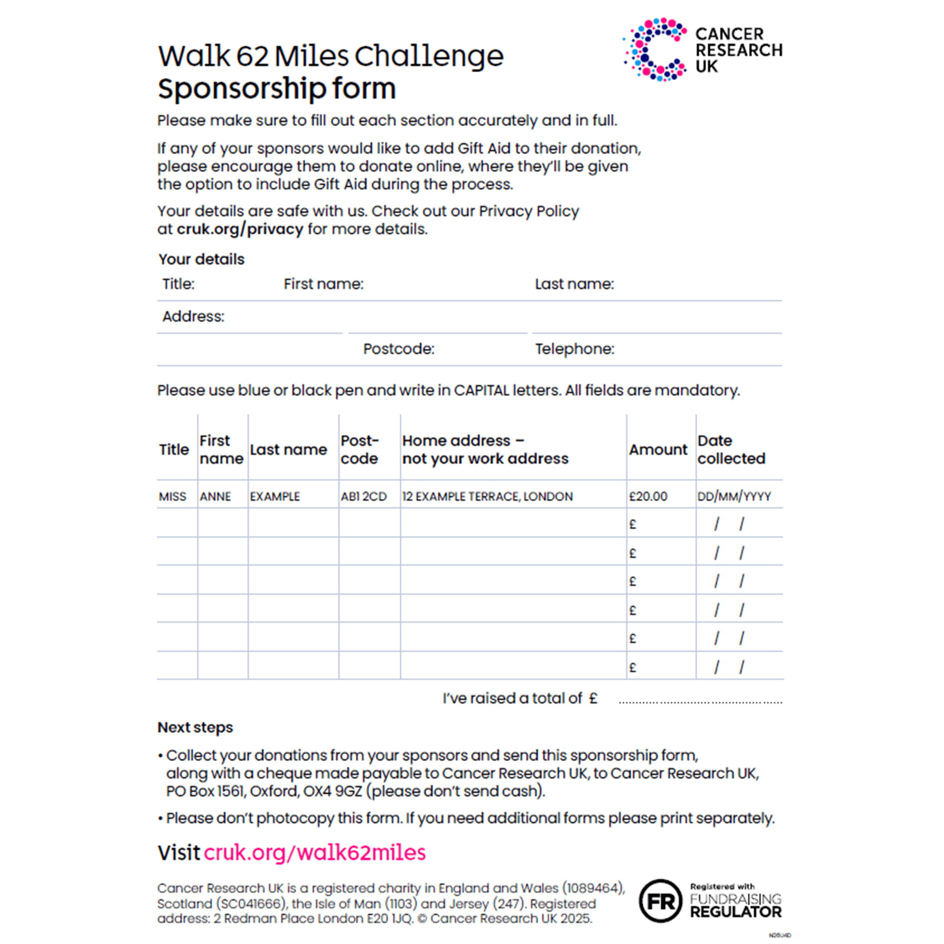 Walk 62 Miles Challenge sponsorship form with fields for donor details and donation amounts.