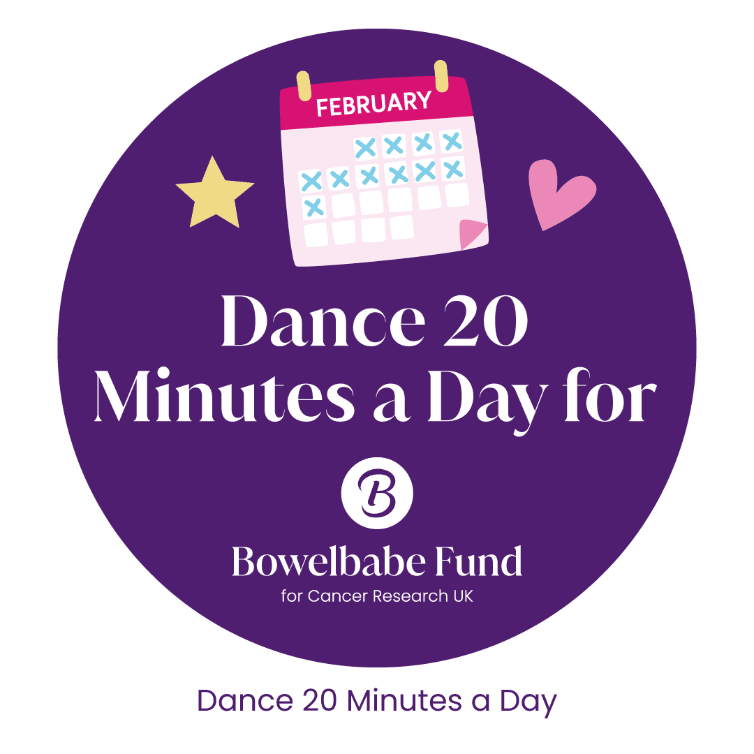 Halfway badge with illustration of a calendar and text that says "Dance 20 Minutes a Day for Bowelbabe Fund".