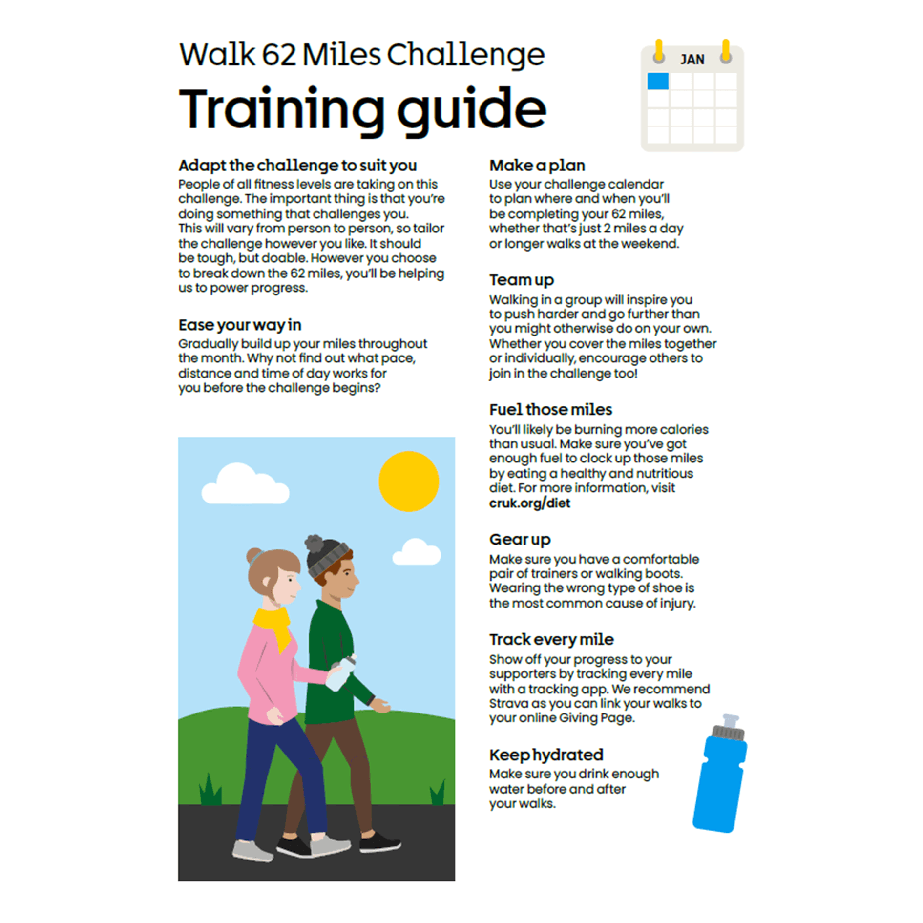 Training guide that has illustrations and tips, such as, adapt challenge, make a plan, team up, gear up, and stay hydrated.