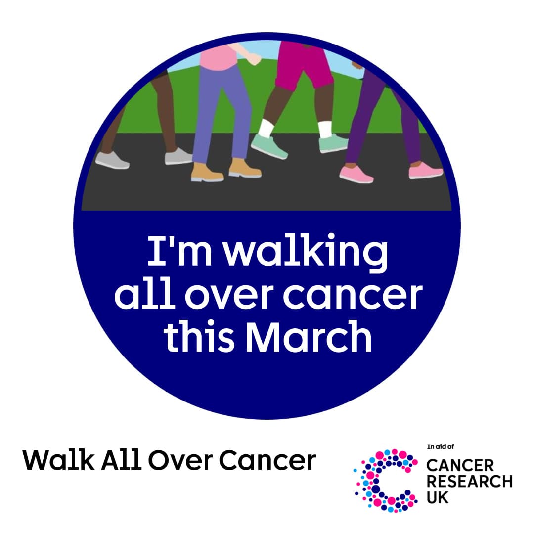 Illustration of people walking with the text ‘I’m walking all over cancer this March’ and Cancer Research UK branding.