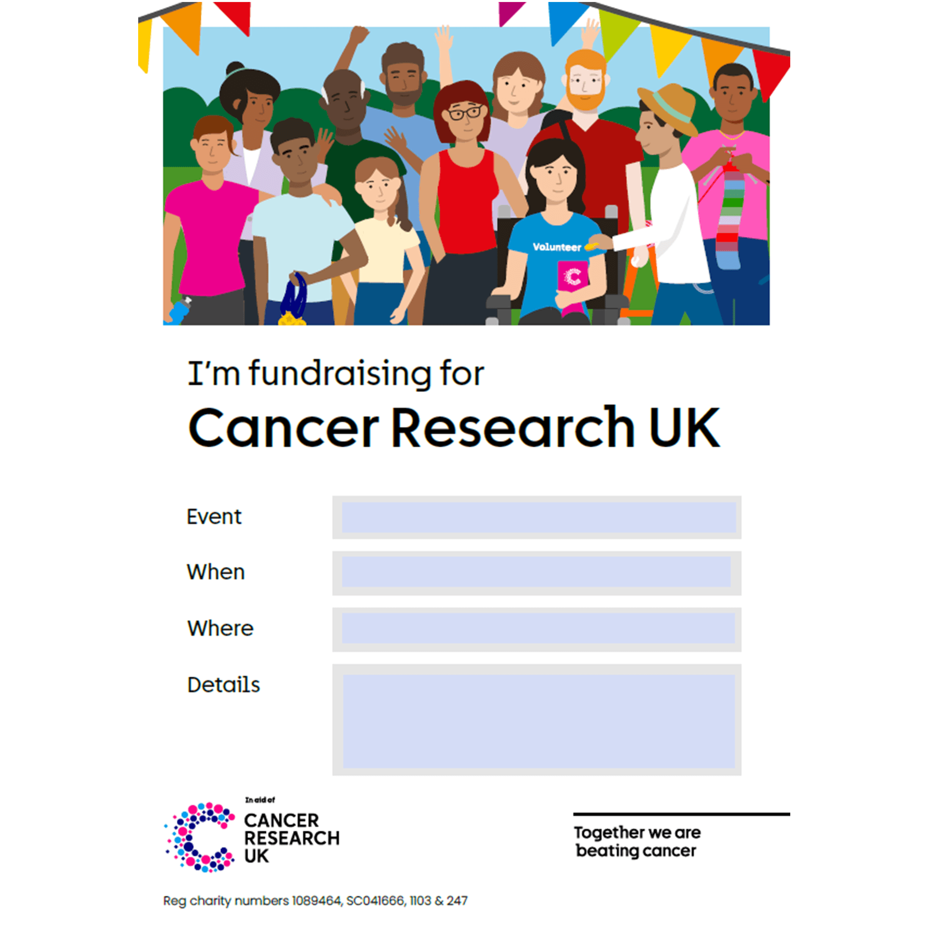 Fundraising poster with illustrations of colourful bunting and a group of people fundraising with event details fields.