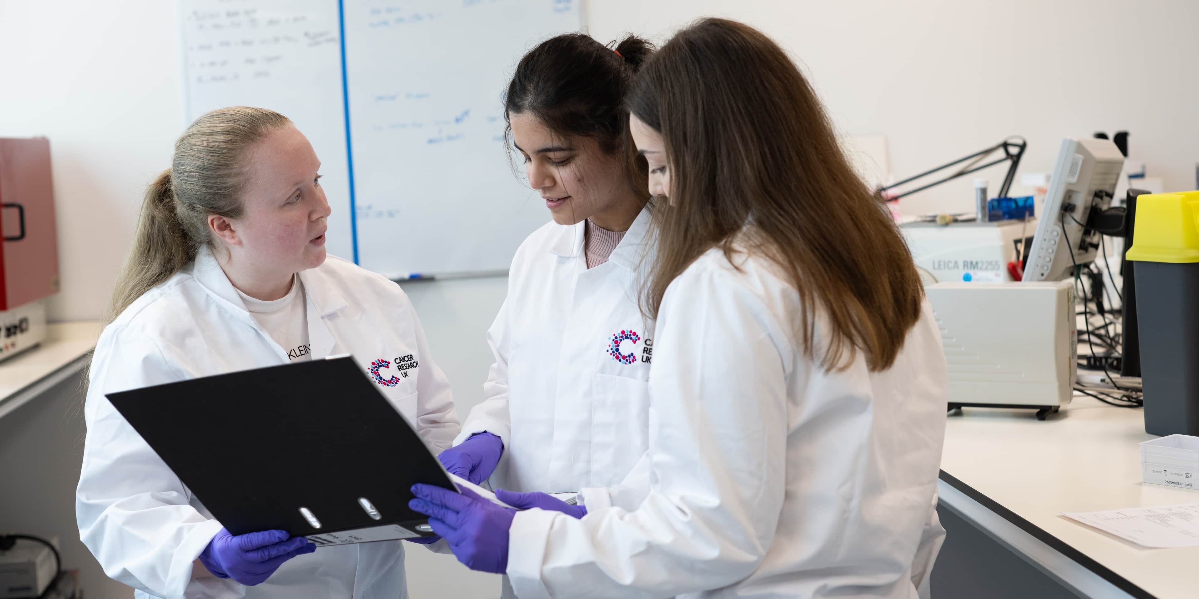 Three researchers looking at a laptop.