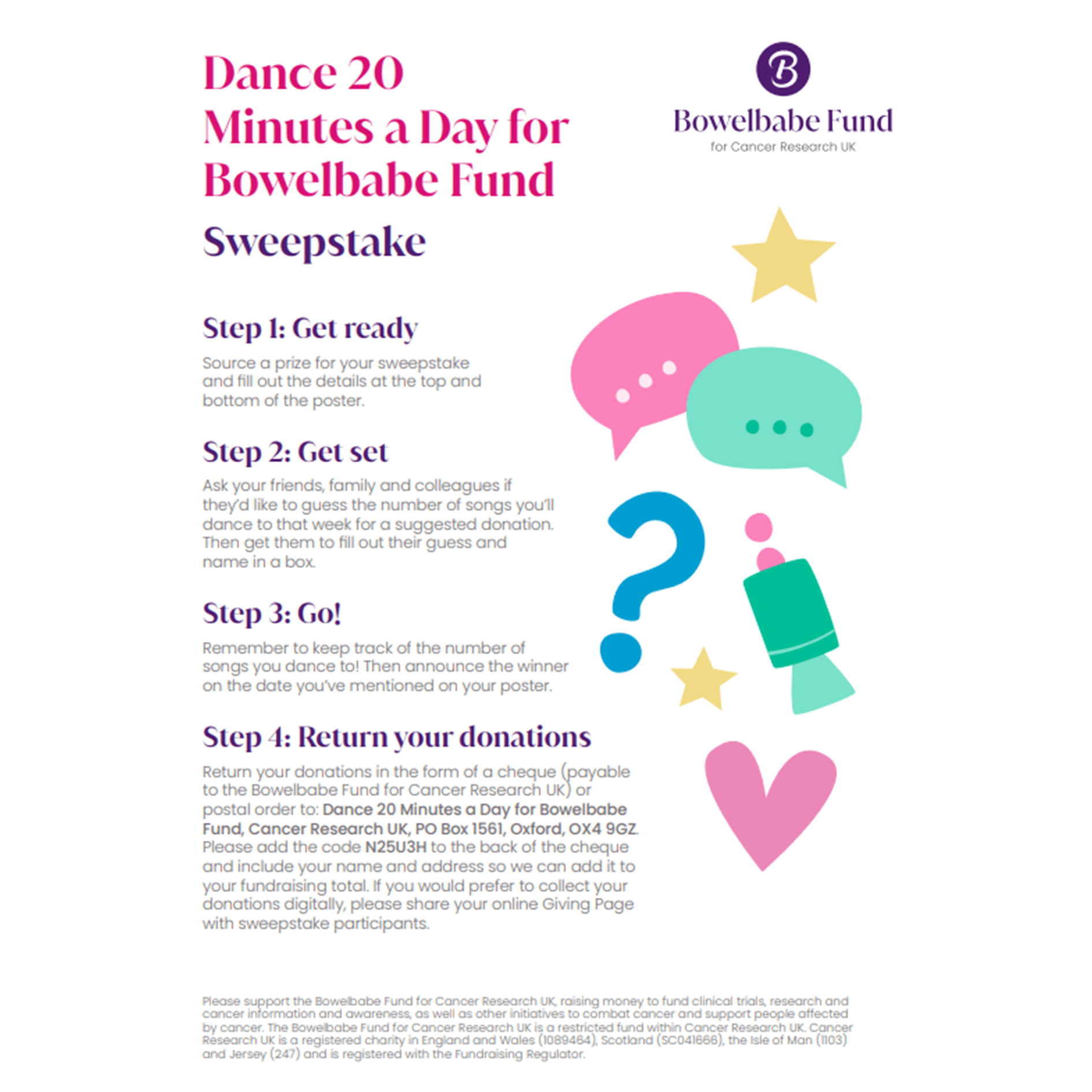 Page titled ‘Sweepstake’ with colourful icons and four steps: get ready, get set, go, and return donations.