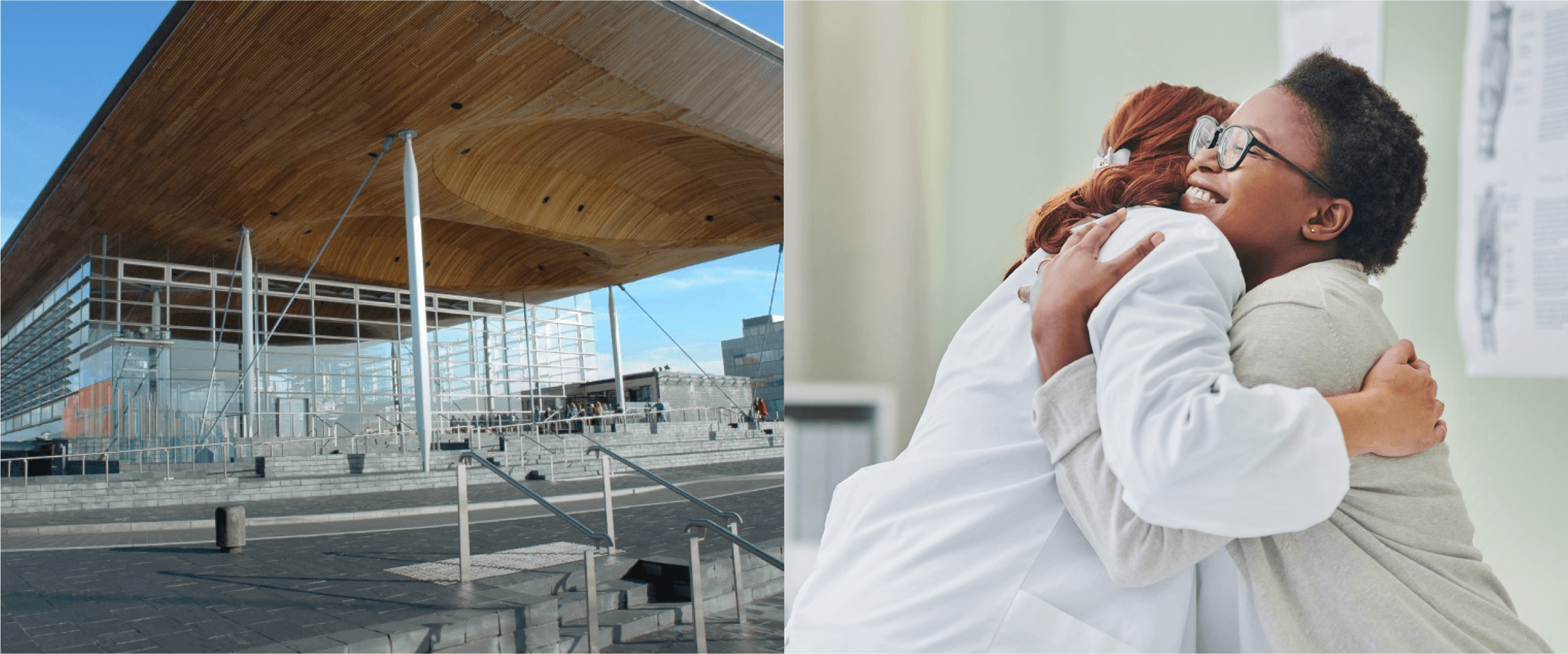 A split screen image with the Senedd, Wales on the left and a doctor and a patient hugging on the right.