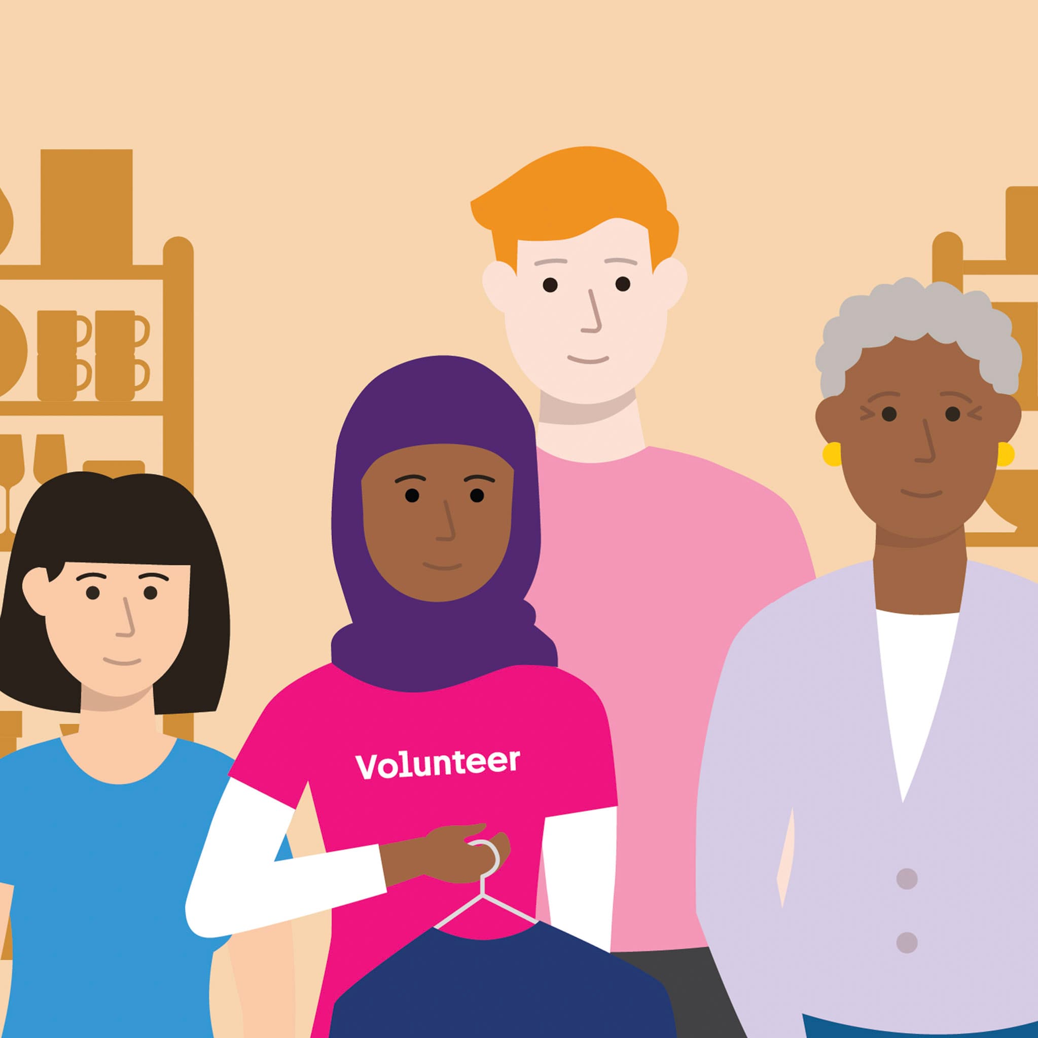 Illustration showing a group of four volunteers, standing in a shop and waving.