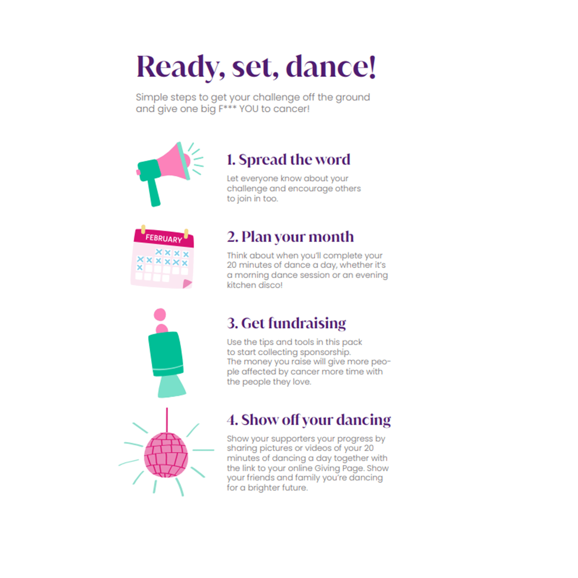 Page titled ‘Ready, set, dance!’ with four steps: spread the word, plan your month, get fundraising, and show off dancing.