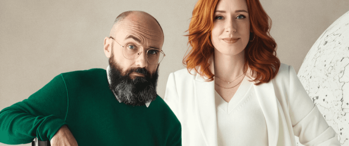 A photo of Hannah Fry and Michael Stevens.