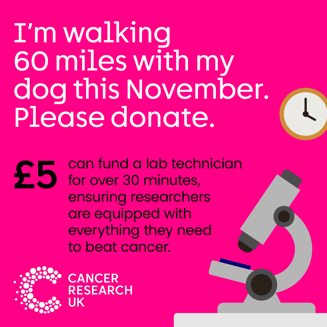 A pink square badge with a microscope, text reads 'I'm walking 60 miles with my dog this November. Please donate.'.