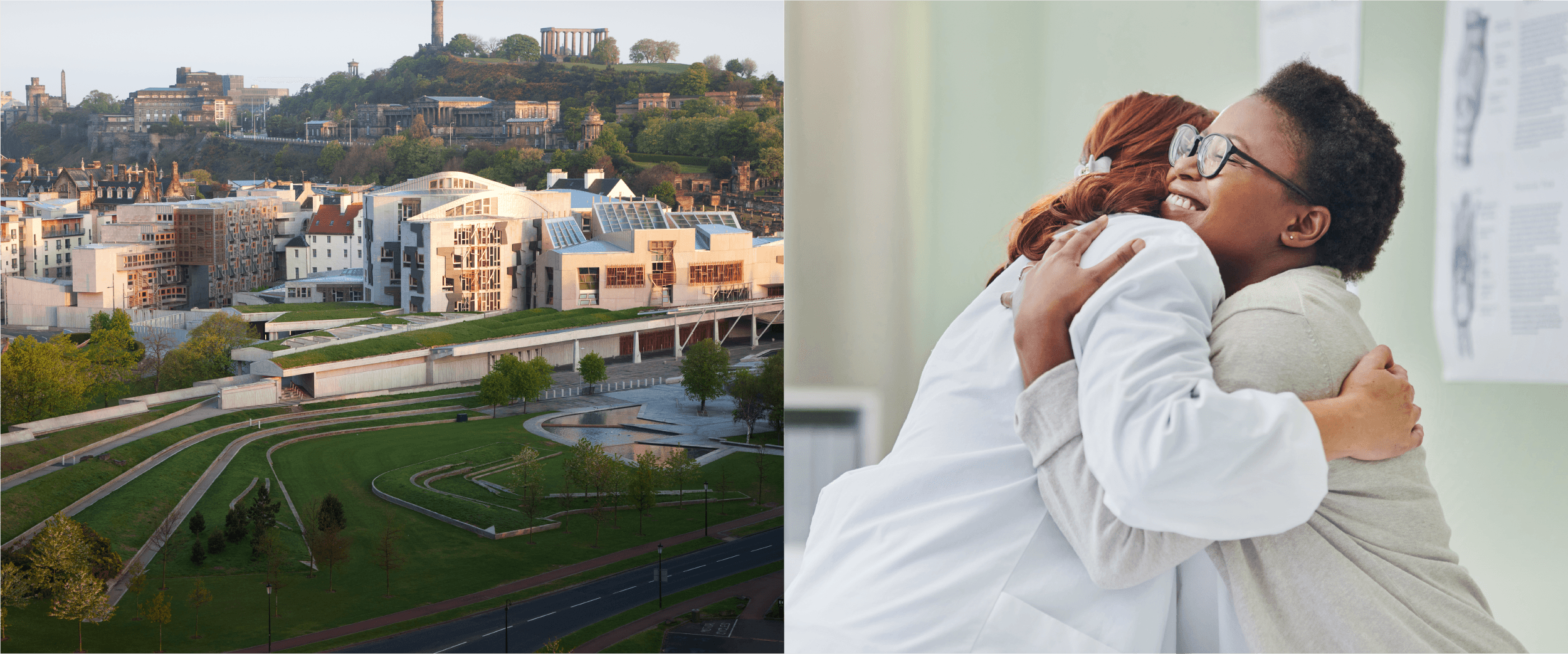 A split panel image with Holyrood, Scotland on the left and a doctor and patient hugging on the right.