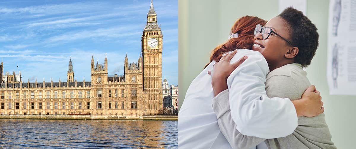 A collage of the House of Parliament in London on the left and a doctor hugging a patient on the right.