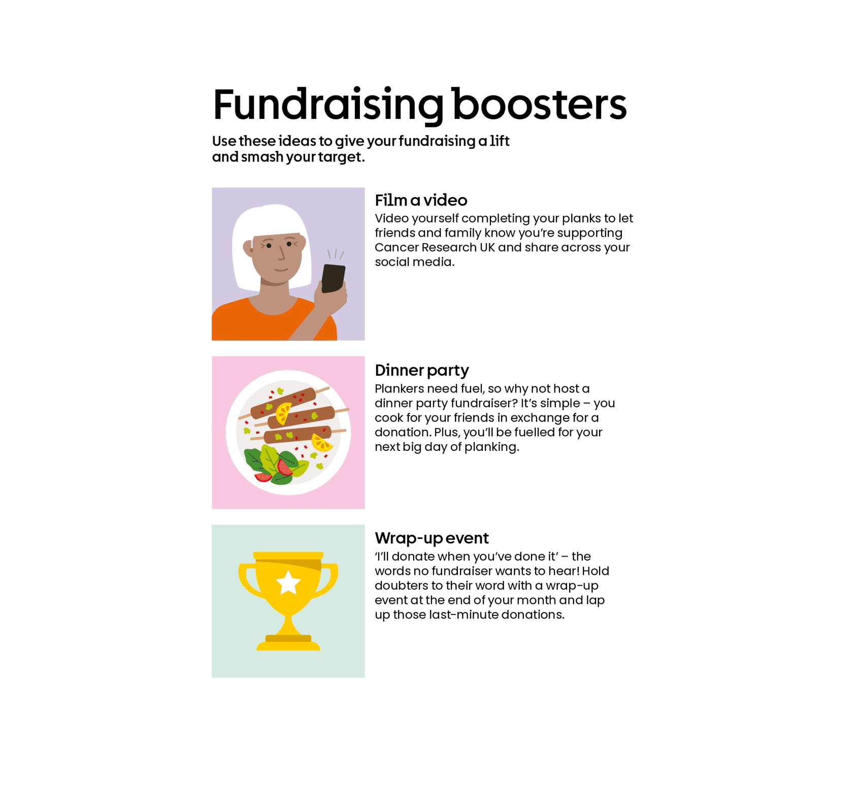 Fundraising boosters page with illustrations of a person on their phone, a dinner plate with food and a trophy.
