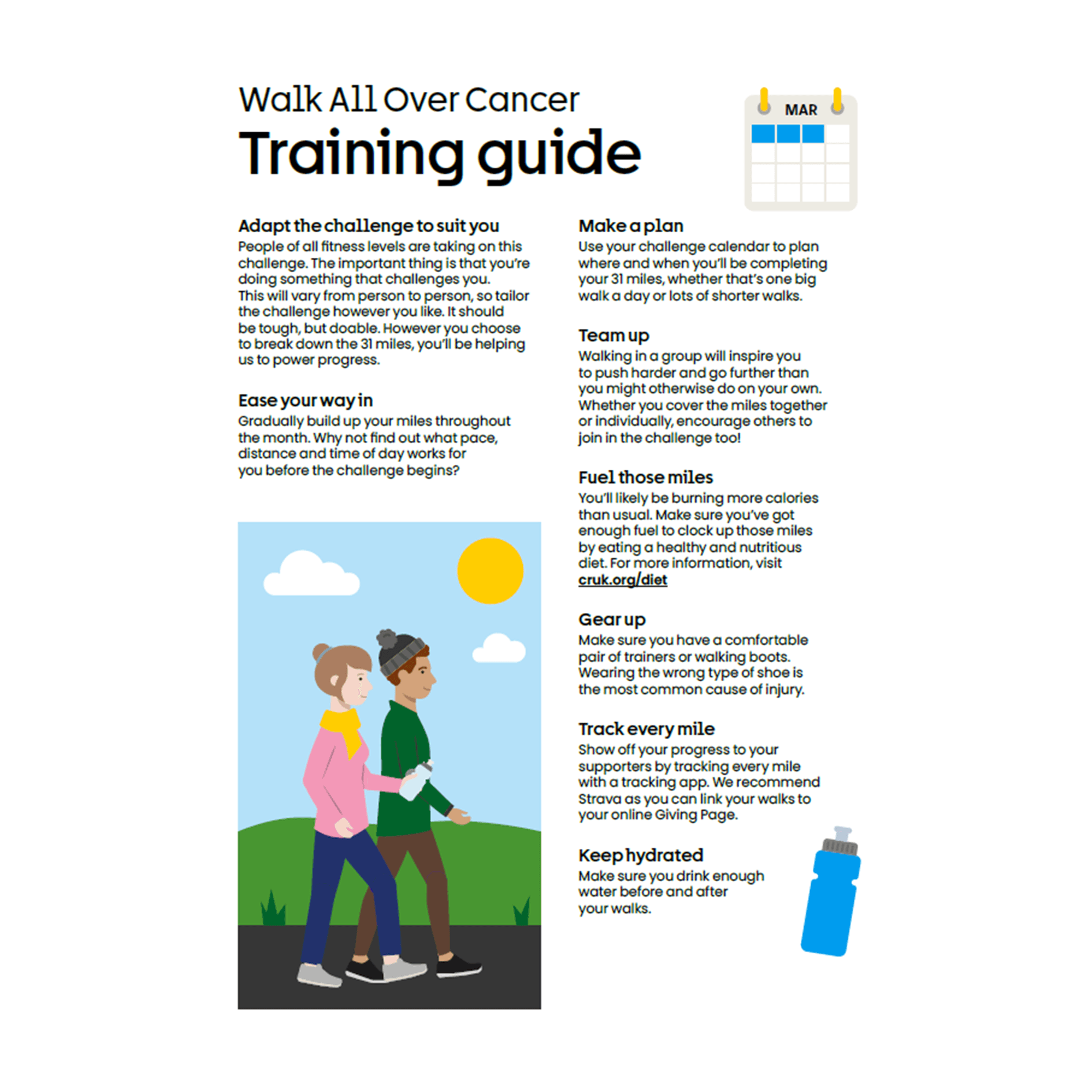 Training guide page with tips for planning walks, building stamina, staying fuelled, tracking miles and keeping hydrated.