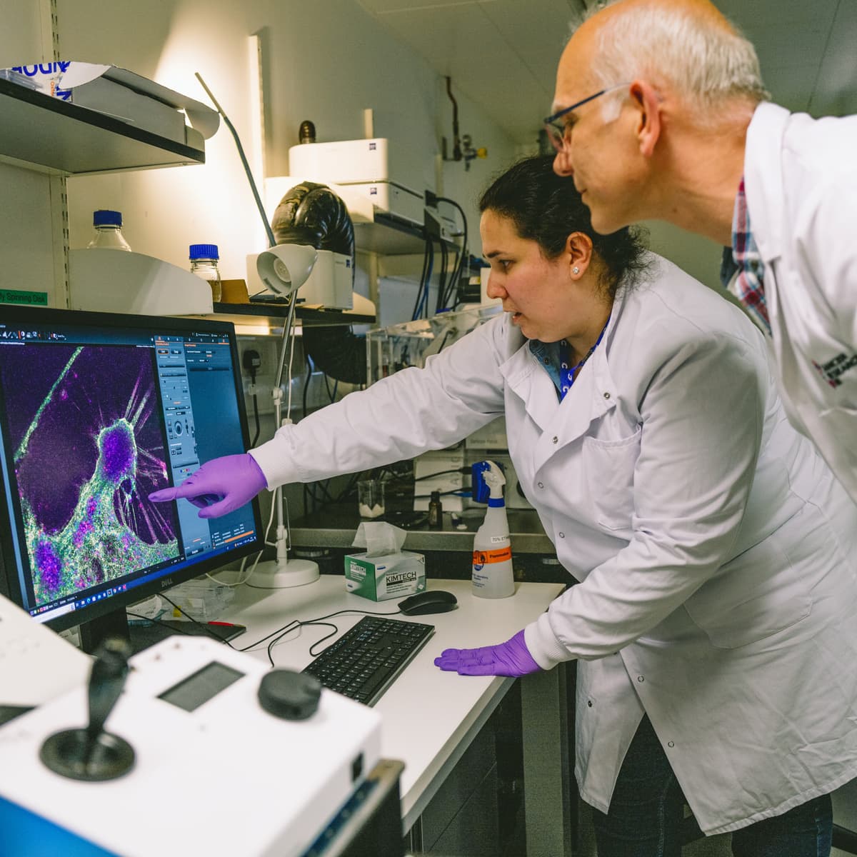 Researchers in a lab looking at a computer screen.